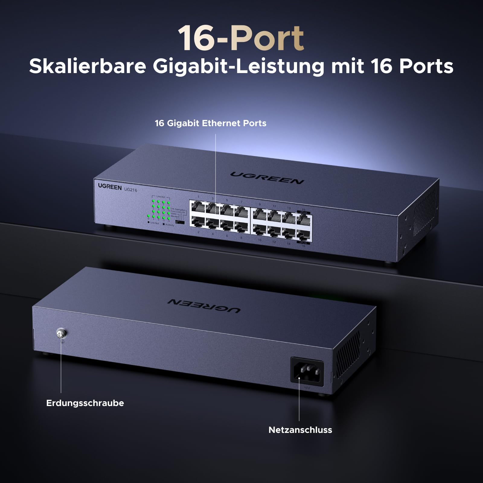 UGREEN 16 Port Gigabit LAN Switch, 19 Zoll Rack-Montage (16 Port) | Unmanaged, Netzwerk Switch, 32Gbp/s Switching-Kapazität, Metallgehäuse Ethernet Switch für TV/ Laptop/ Switch/ Router