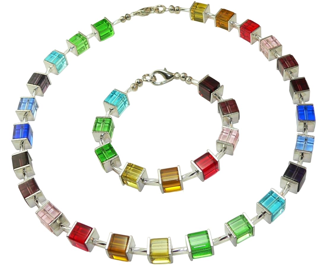 Halskette, Kette, Collier Armband Ohrringe Schmuck Set, Glas Würfel Edelstahl, Stifte Twist Mehrfarbig Multicolor Bunt Regenbogen,