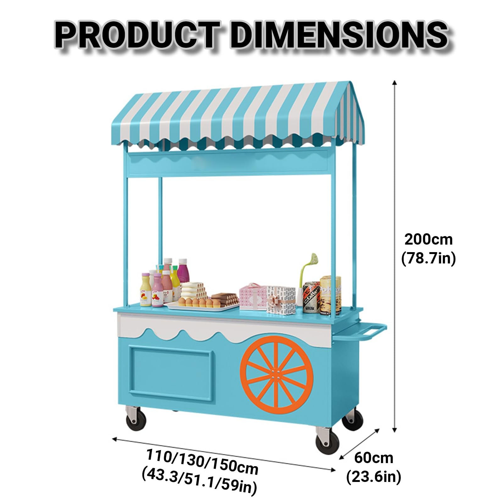 Verkaufswagen aus Eisen mit Rädern und Markise, moderner Marktstand mit gestreiftem Dach, kreative Auslage für Snacks, Süßwaren und Straßenveranstaltungen im Freien
