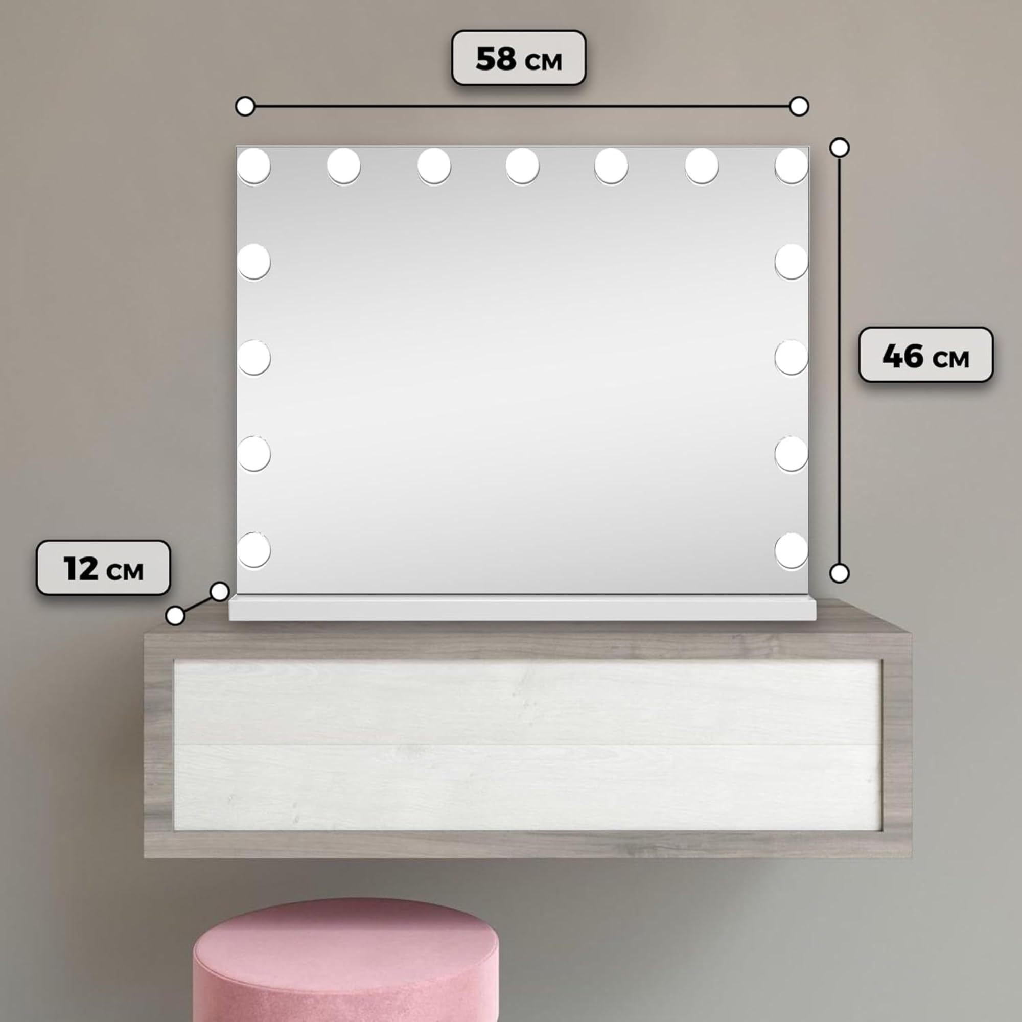 Bayt Miroir Hollywood Lumineux Grande Taille | 58x46 CM Miroir Coiffeuse Éclairage LED 3 Couleurs avec Commande Tactile Dimmable | Grand Miroir Maquillage pour Chambre, Blanc