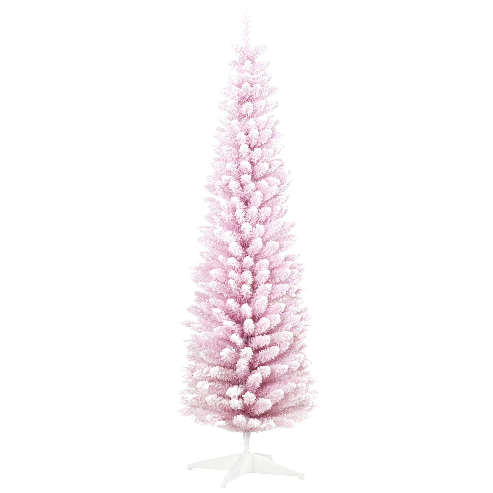 HOMCOM6' Snow Flocked Artificial Pencil Christmas Tree, Slim Xmas Tree with Realistic Branches and Plastic Base Stand for Indoor Decoration, Pink