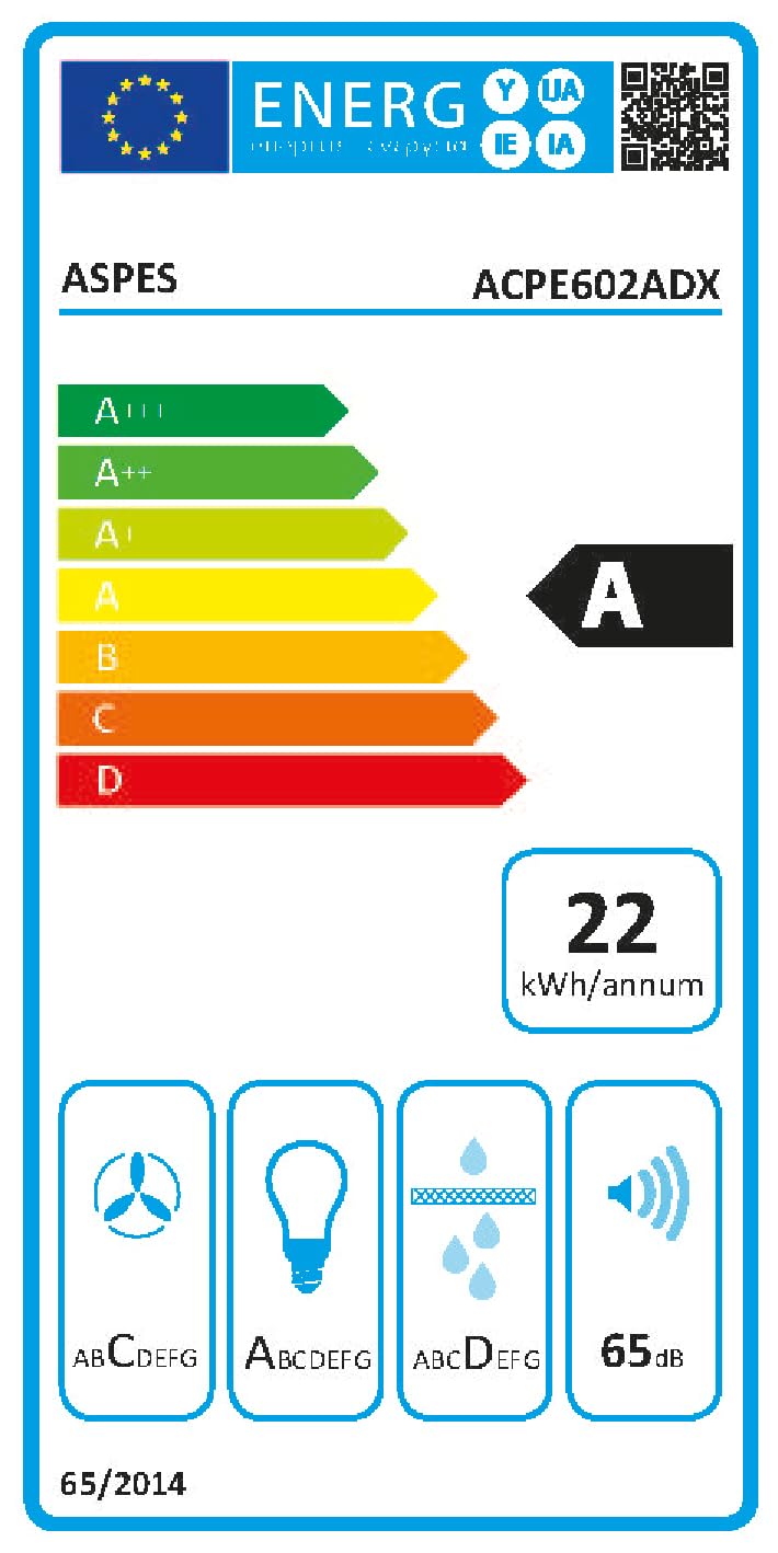 Aspes Okap teleskopowy 60 cm, czarny kryształ, ACPE602ADX, moc 372m3/h, 3 prędkości, 2 filtry, poziom dźwięku 65 dB, sterowanie dotykowe, filtr nadaje się do mycia w zmywarce