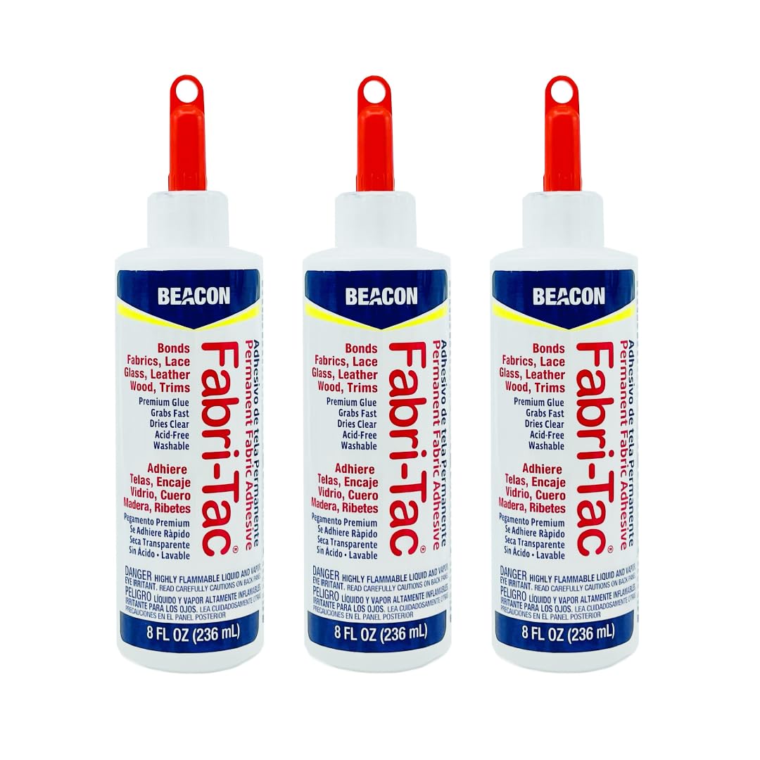 Beacon Fabri-Tac Permanent Adhesive, 8 Ounce Bottle - Premium Crafting & Fabric Glue (3 Pack)