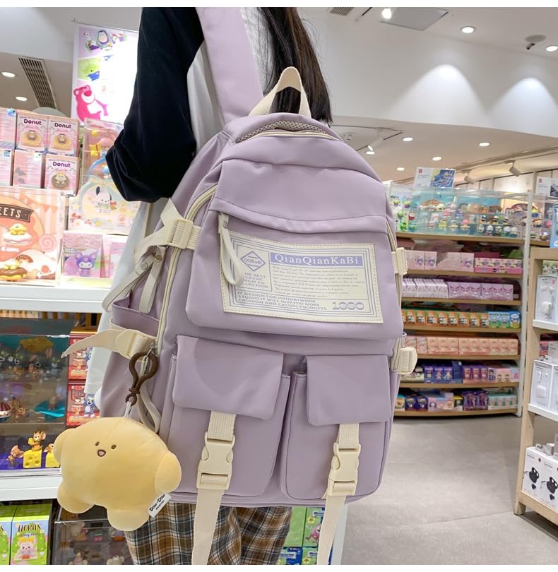 Large Preppy Backpack with Cute Pendant Korean Aesthetic College Backpack Kawaii Japanese Light Academia Laptop Bag (Purple,One Size)4