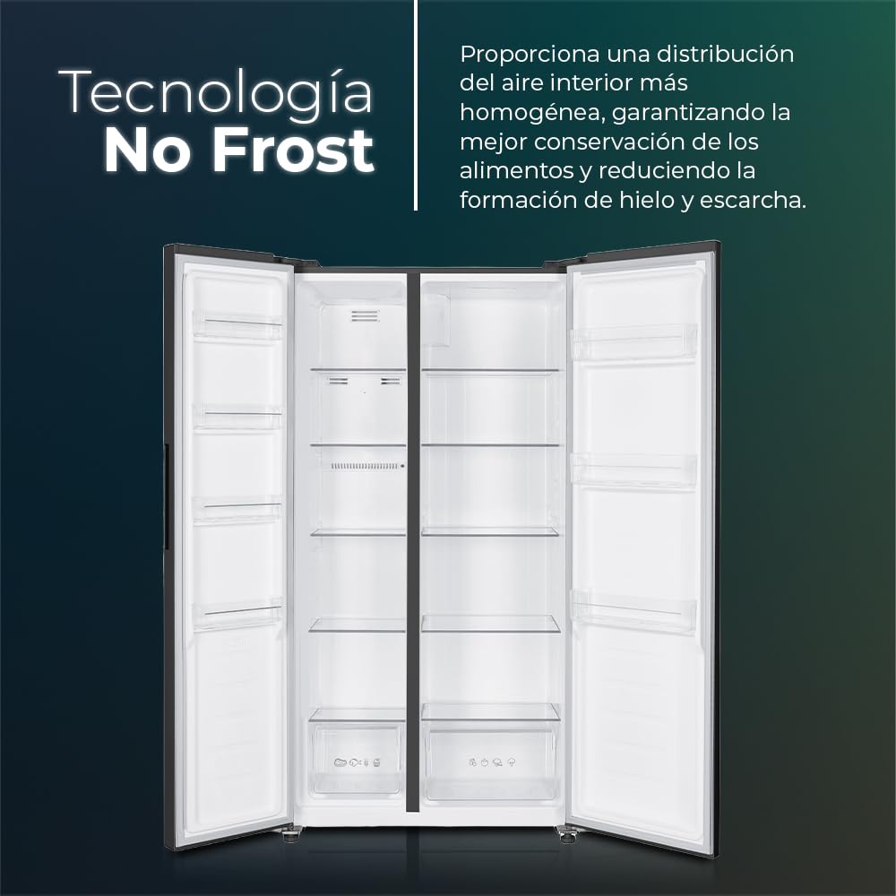 Svan Frigorífico Americano 2 Puertas Inox SA18901ENFX. Capacidad 442 Litros, No Frost, Multi AirFlow, Bajo Nivel Sonoro, Eficiencia Energética Clase E