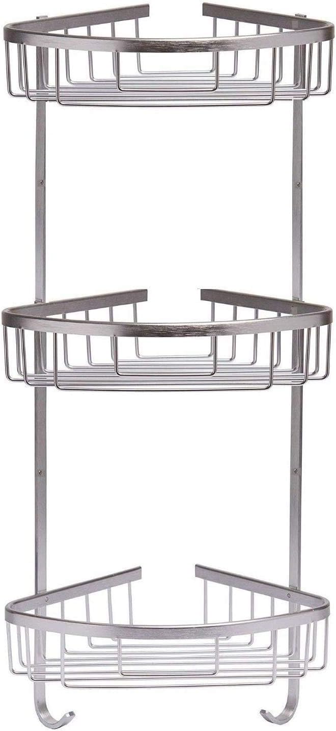 RUST FREE STAINLESS STEEL SHOWER CADDY RACK BATHROOM ORGANIZER CORNER SHELF & HOOKS (3-TIER STAINLESS STEEL CADDY)