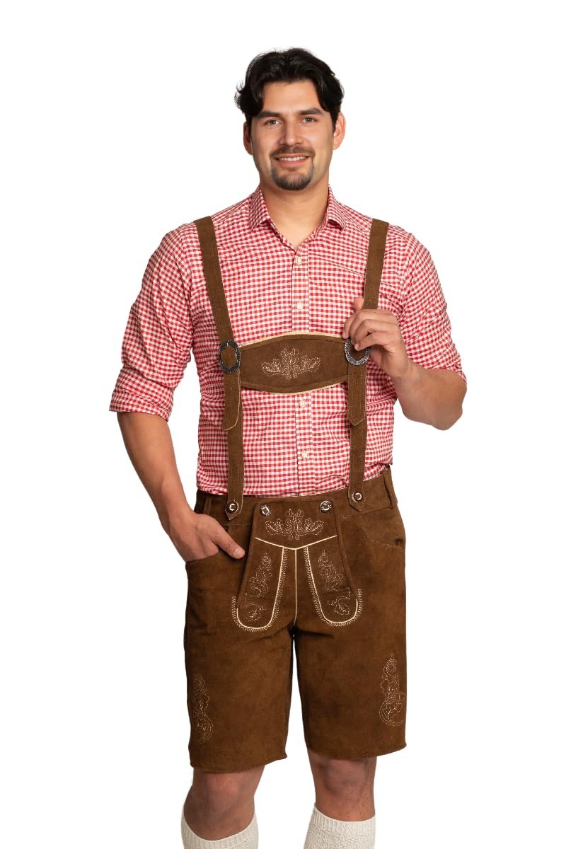 Tannhauser Lederhose Flachau Corto con Bretelle 100% Pelle bovina Marrone Scuro Vera Lederhose Uomo per Oktoberfest Uomo - Taglia dalla XS alla 5XL