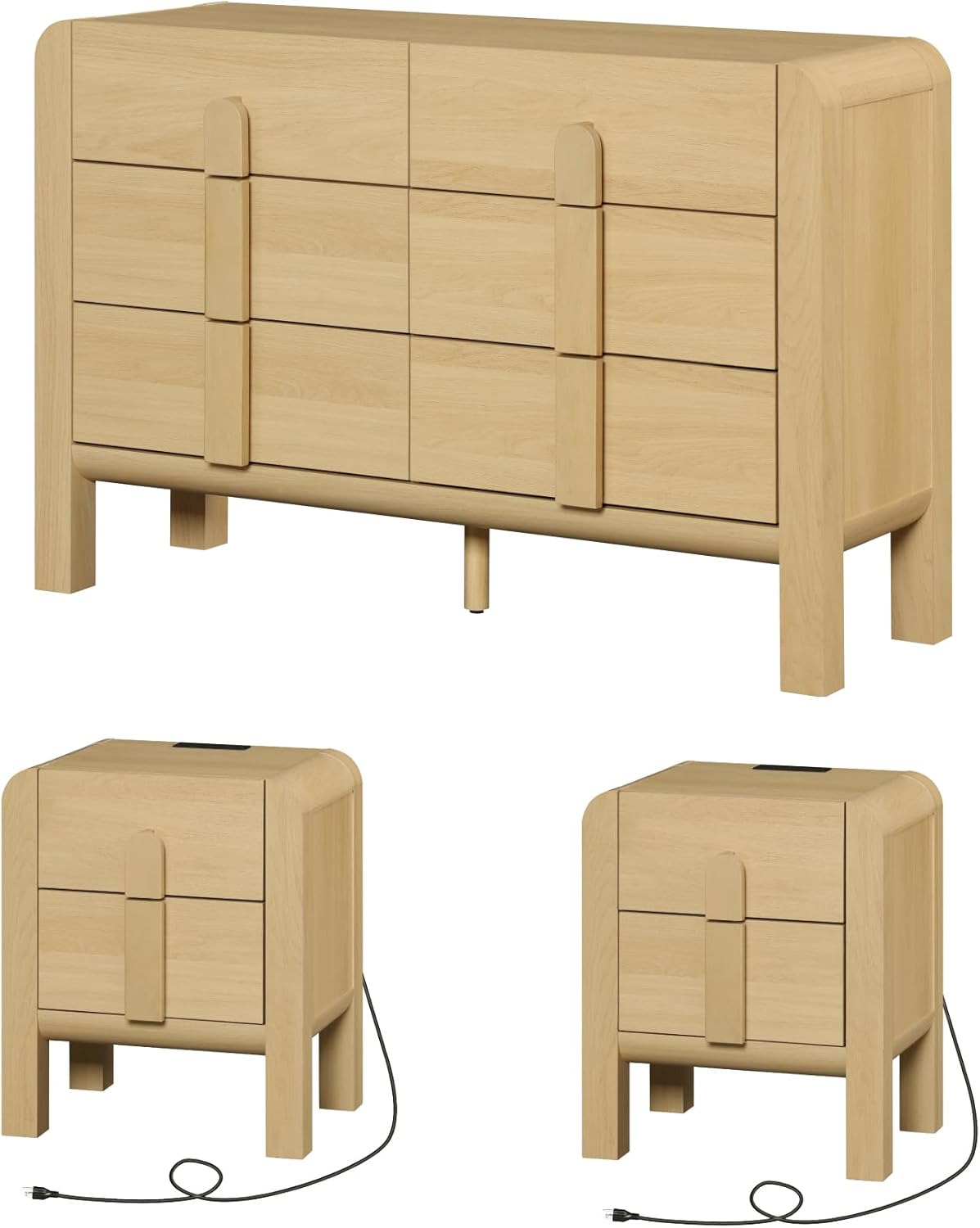 WAMPAT 3 Piece Dresser and Nightstand Sets for Bedroom, 47.2" W Mid Century Modern 6 Drawer Dresser & Nightstand Set of 2 with Charging Station, Curved Profile Design, Natural Texture, Oak