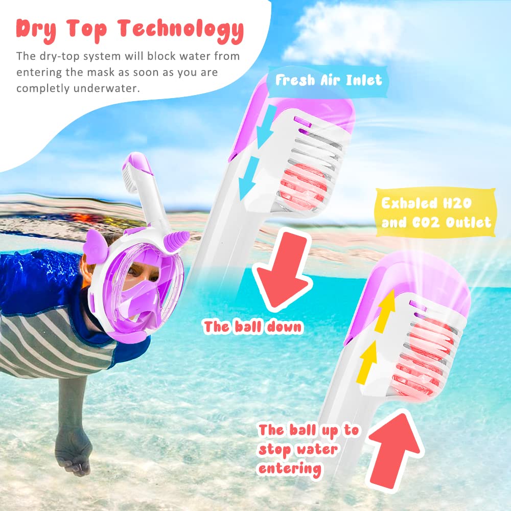 Maschera da snorkeling per bambini, maschera integrale con vista panoramica a 180°, attrezzatura da snorkeling Dry Top per bambini, anti appannamento, anti perdite, con doppio flusso d'aria,