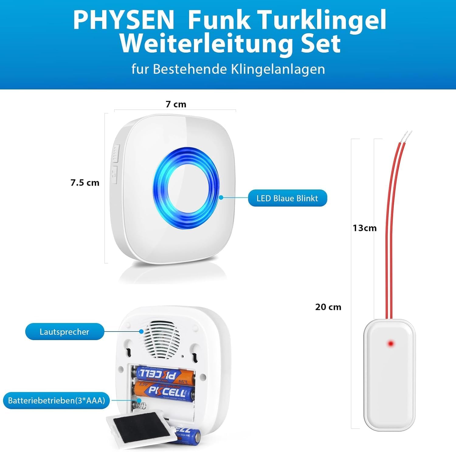 Technical specifications for the wireless converter: Wireless Frequency 433.92MHz, Transmitter Operating Voltage 3-24V AC/DC, Operating Temperature -10°C to +55°C. Also shows the connection cable, LED indicator, and internal antenna of the converter.