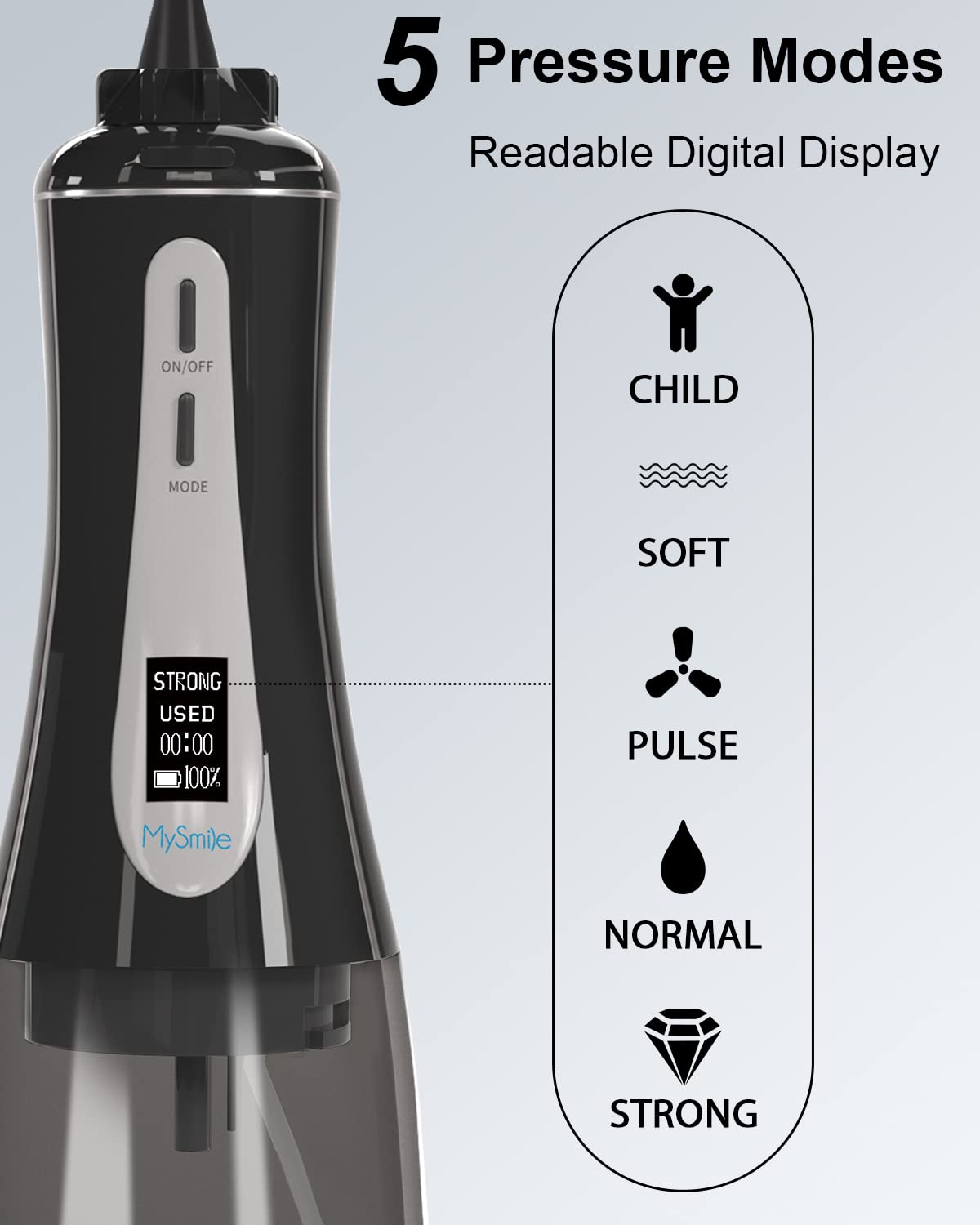 MySmile Idropulsore dentale senza fili da 350 ml, per la pulizia dei denti, impermeabile IPX7, portatile, per la pulizia dei denti, con 5 modalità, 8 punte a getto e una borsa da viaggio (bianco)
