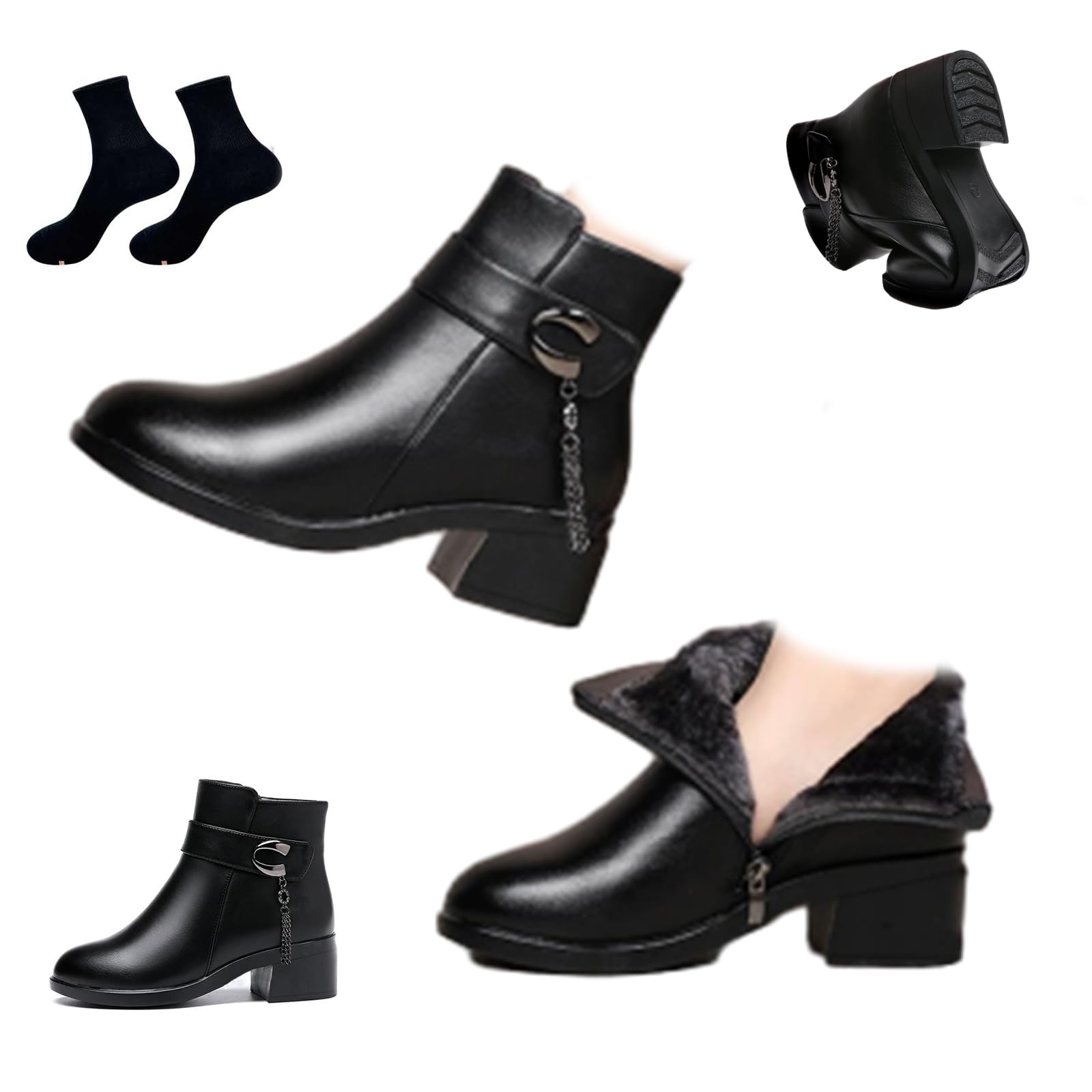 Womens Metal Buckle Genuine Leather Wool Orthopedic Boots Winter Warm Waterproof Slip On Ankle Booties with Side Zipper