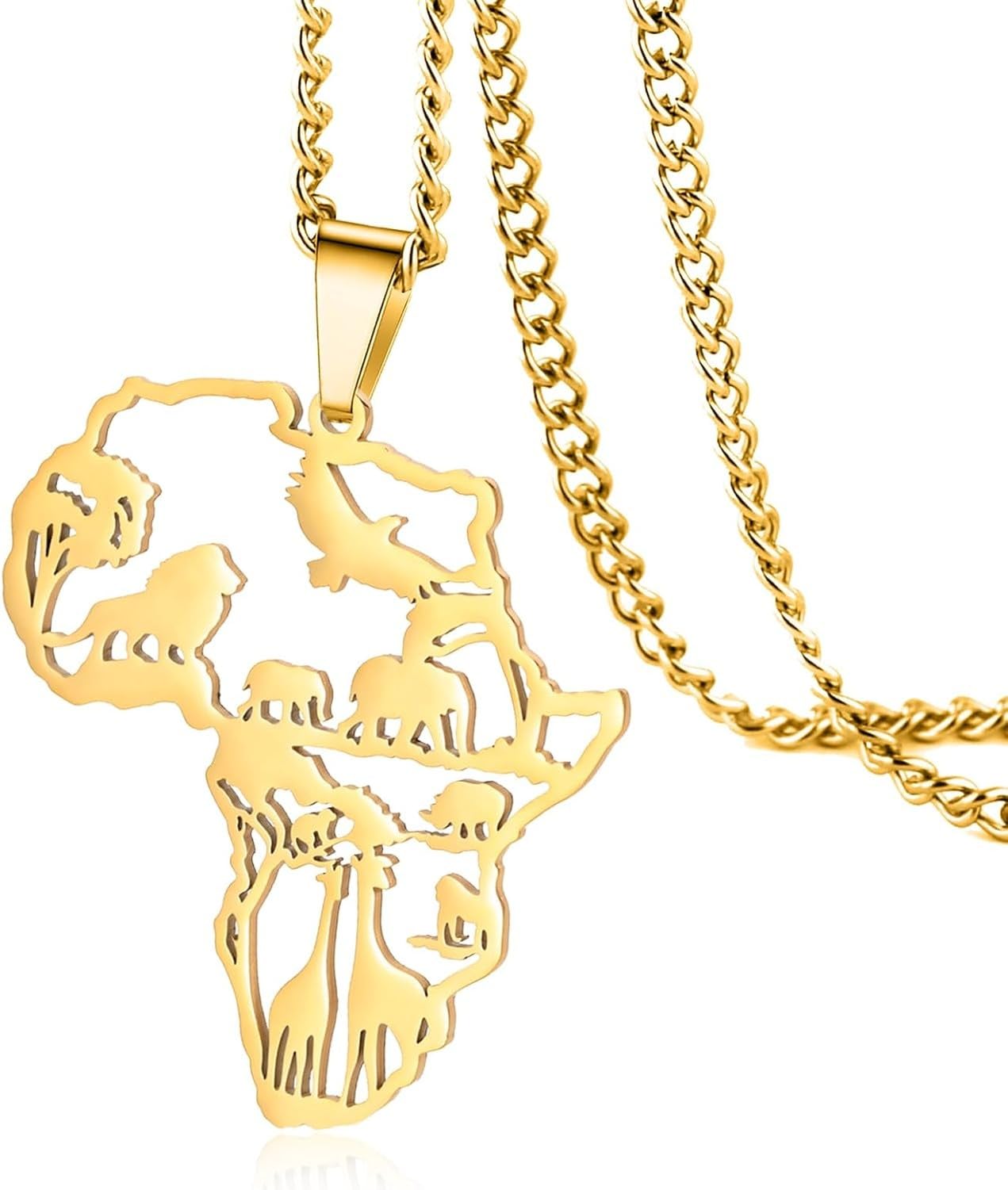 GYFGRTQ African Map Animal Pendant Necklace for Men Women Elephants Lions Giraffes Zoo Wildlife Jewelry, Gold