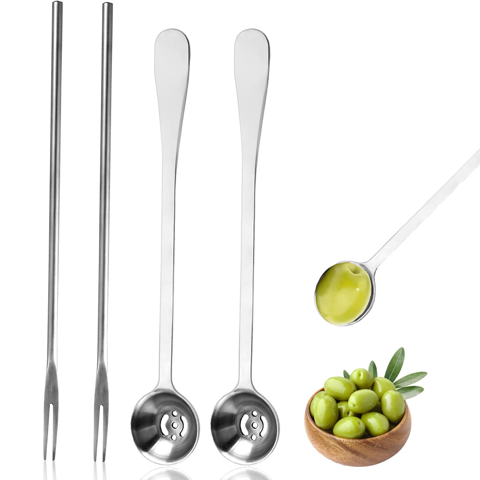 4 Pcs 8.7 Inch Pickle Fork and Olive Spoon with Drain Hole Strainer Set - Stainless Steel Long Handle Serving Utensils with Sharp Tip Food Pickers for the Jar Cucumber Arugula Caper