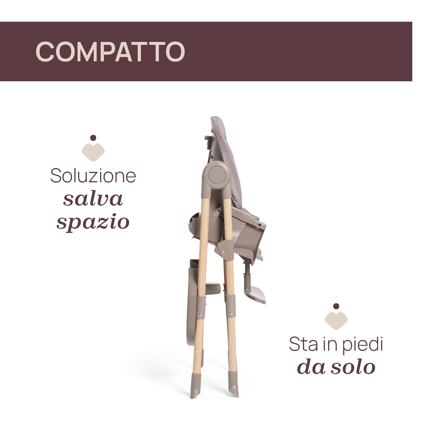 Chicco Polly Essential Seggiolone Pappa Evolutivo per Bambini da 0 Mesi a 15 KG, Reclinabile in 3 posizioni, 7 Livelli di altezza, Chiusura Compatta, Tessuto in poliestere riciclato, Grigio Chiaro
