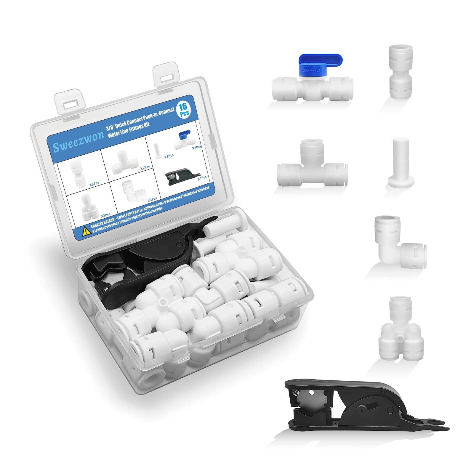 Sweezwon 3/8" Quick Connect Push-to-Connect Water Line Fittings Kit for RO/DI Water Filter, Refrigerator, Ice Maker (Ball Valve + T + L + Y + I +