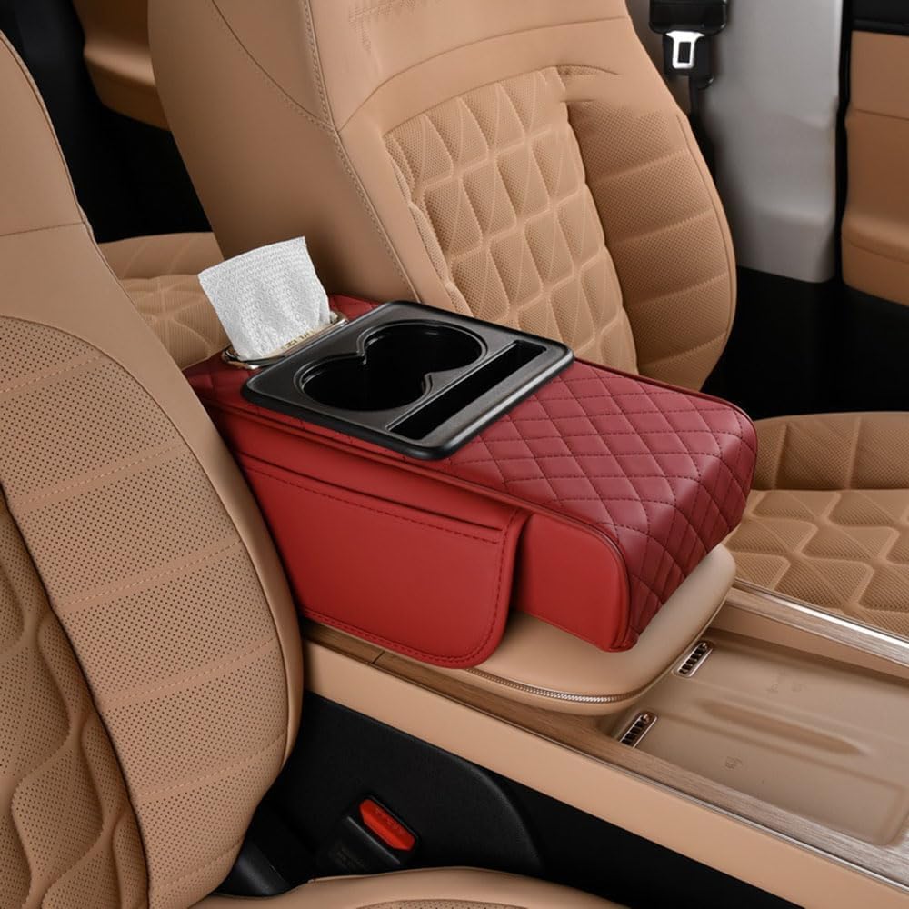 HAVERN Multifunctional Car Armrest Storage Box for Benz CLK W208/C208 W209/C209, Pu Leather Heightening Cushion With Cup Holder And Tissue Box,Red/C