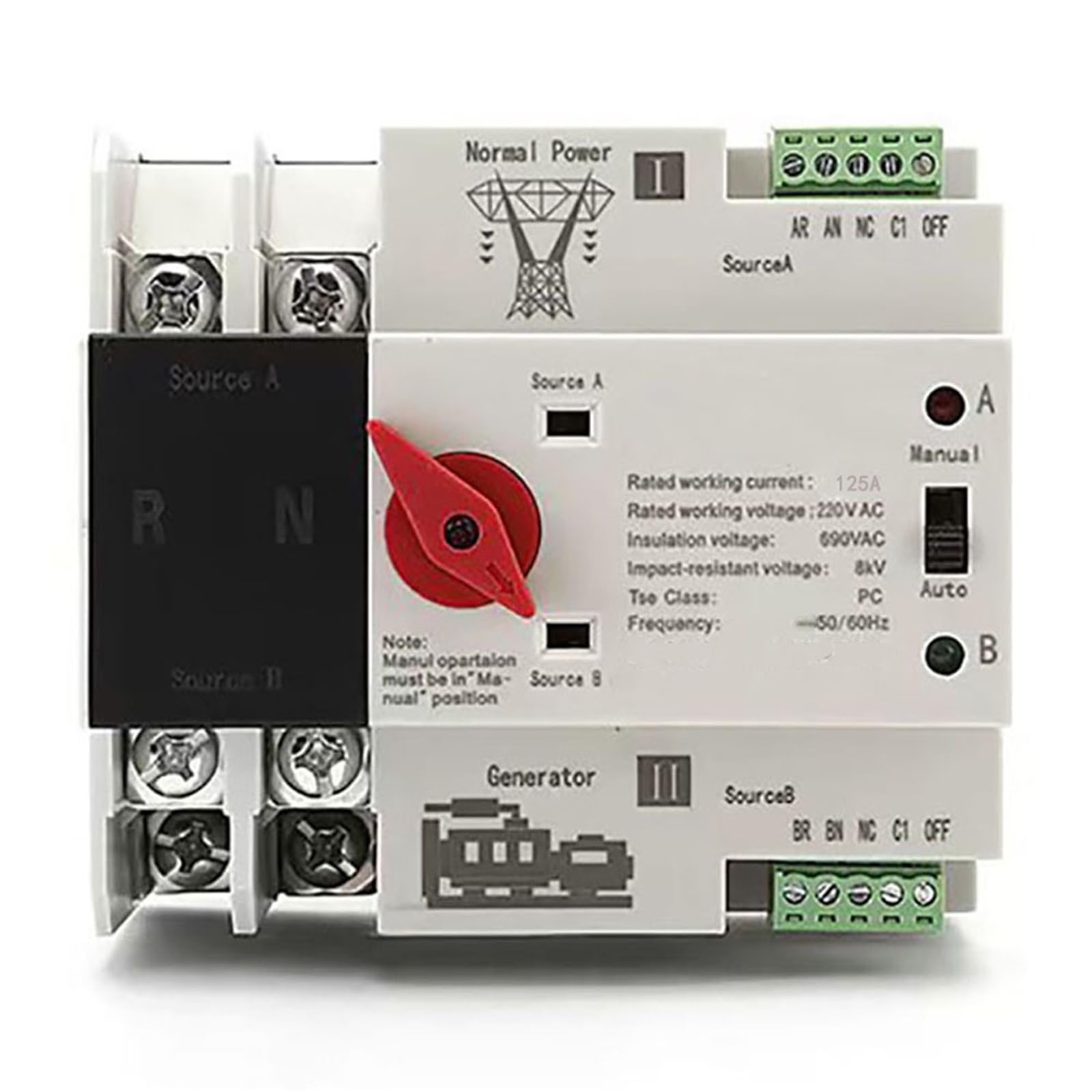 Selettori elettrici di trasferimento automatico a doppia alimentazione, ATS PV 2P, 100 A, AC 220 V, AC 230 V, su guida DIN, fase, ininterrotto