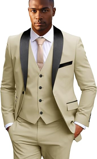 3 Piece Mens Slim Fit Suit Shawl Lapel One Button Suits for Men Jacket Vest Tuxedo Pants Set Wedding Prom Dinner