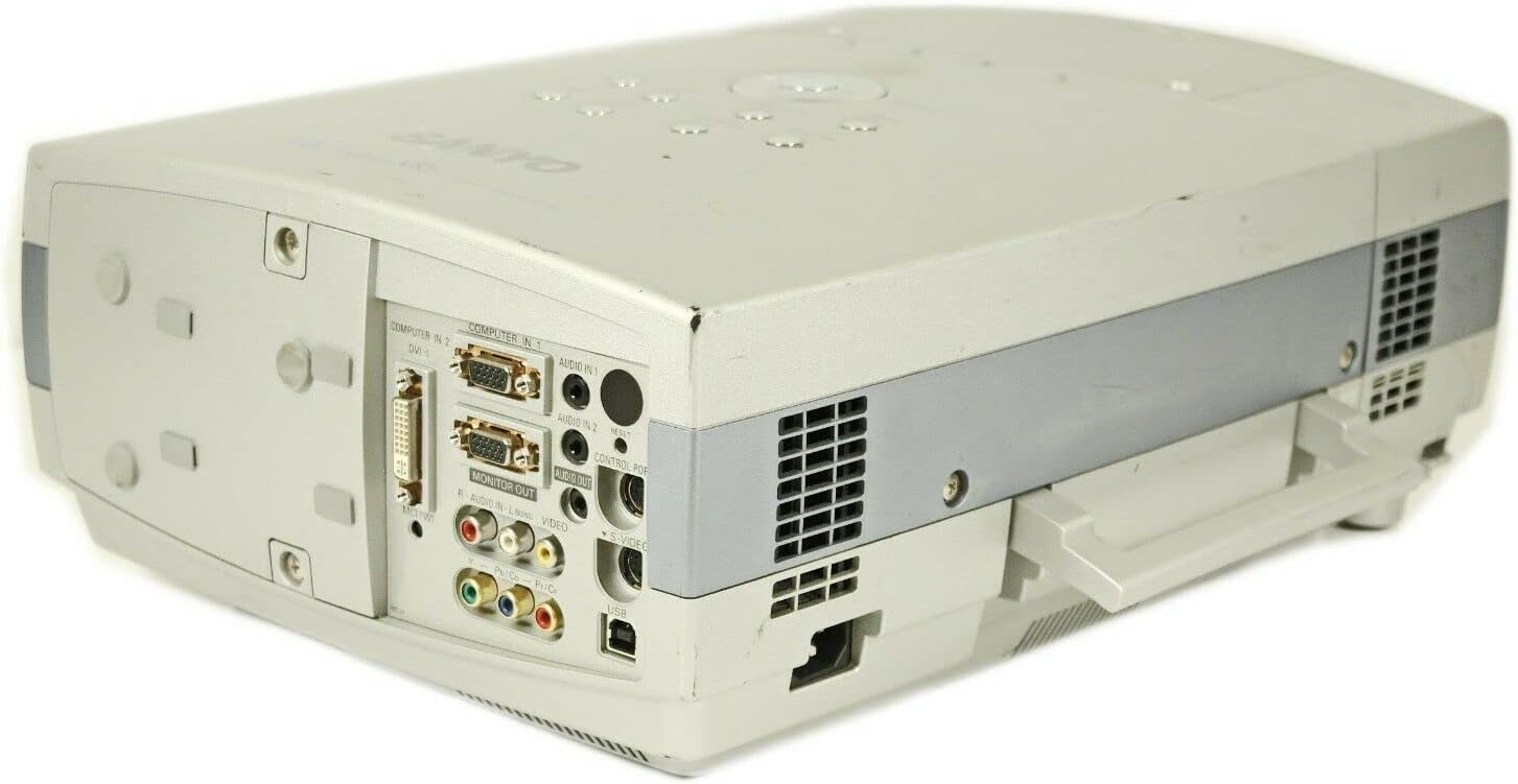 Angled rear view of Sanyo PLC-XT16 projector highlighting connectivity options