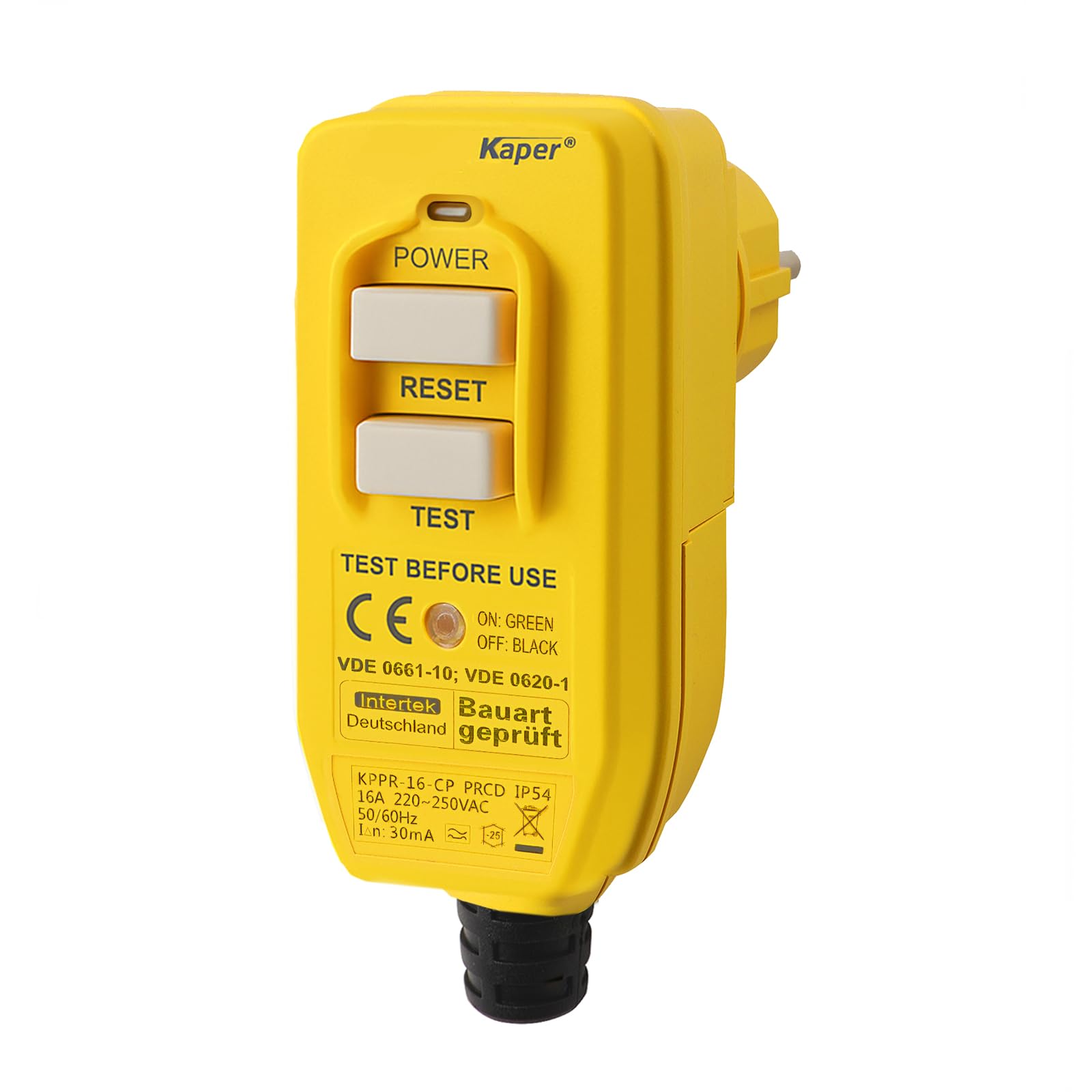 Kaper PRCD - Spina di protezione personale, 16 A, 230 V, IP54, interruttore di sicurezza portatile FI con corrente di attivazione da 30 mA. Impermeabile per cantieri, giardini, campeggio e officina