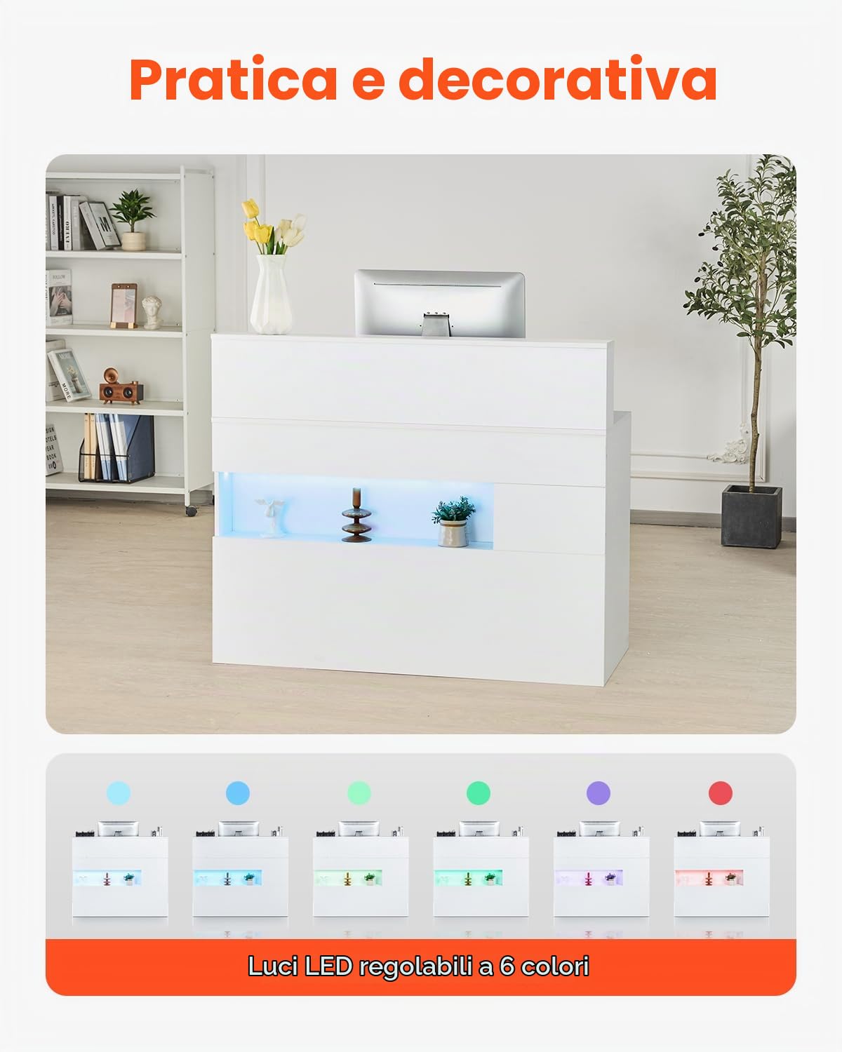 VEVOR Banco Reception 1200 x 475 x 1000 mm Tavolo da Banco Rettangolare, Tavolo di Vendita per Ufficio con Luce a LED, 2 Cassetti e Prese, per Cassa, Hall, Salone di Bellezza e Ufficio, Bianco