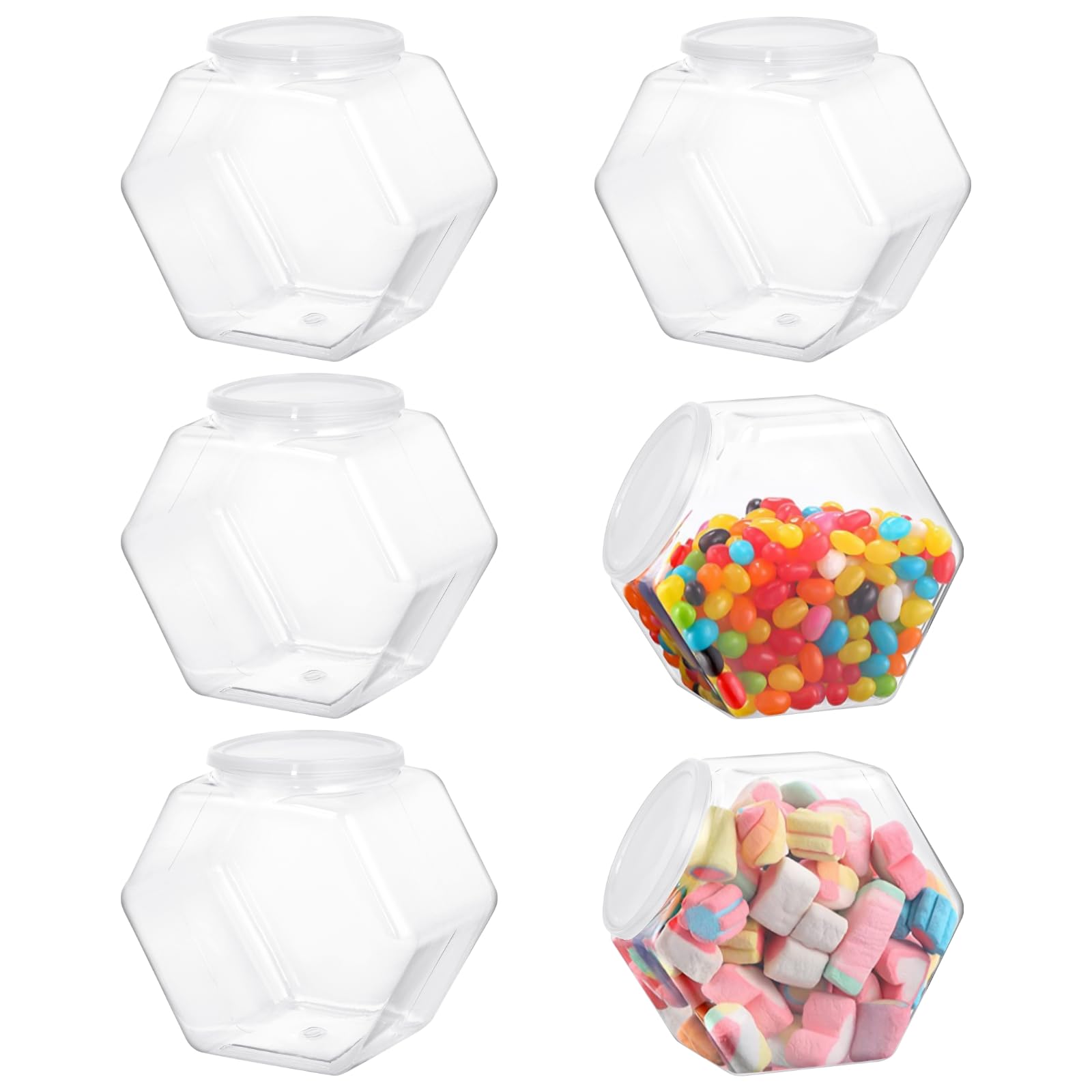 Calolin 6 PCS Hexagon Plastic Jars, Clear Cookie Jars with Airtight Lids, Candy Jars, Wide Round Mouth Snacks Dog Food Candy Containers, Reusable Coffee Candy Display