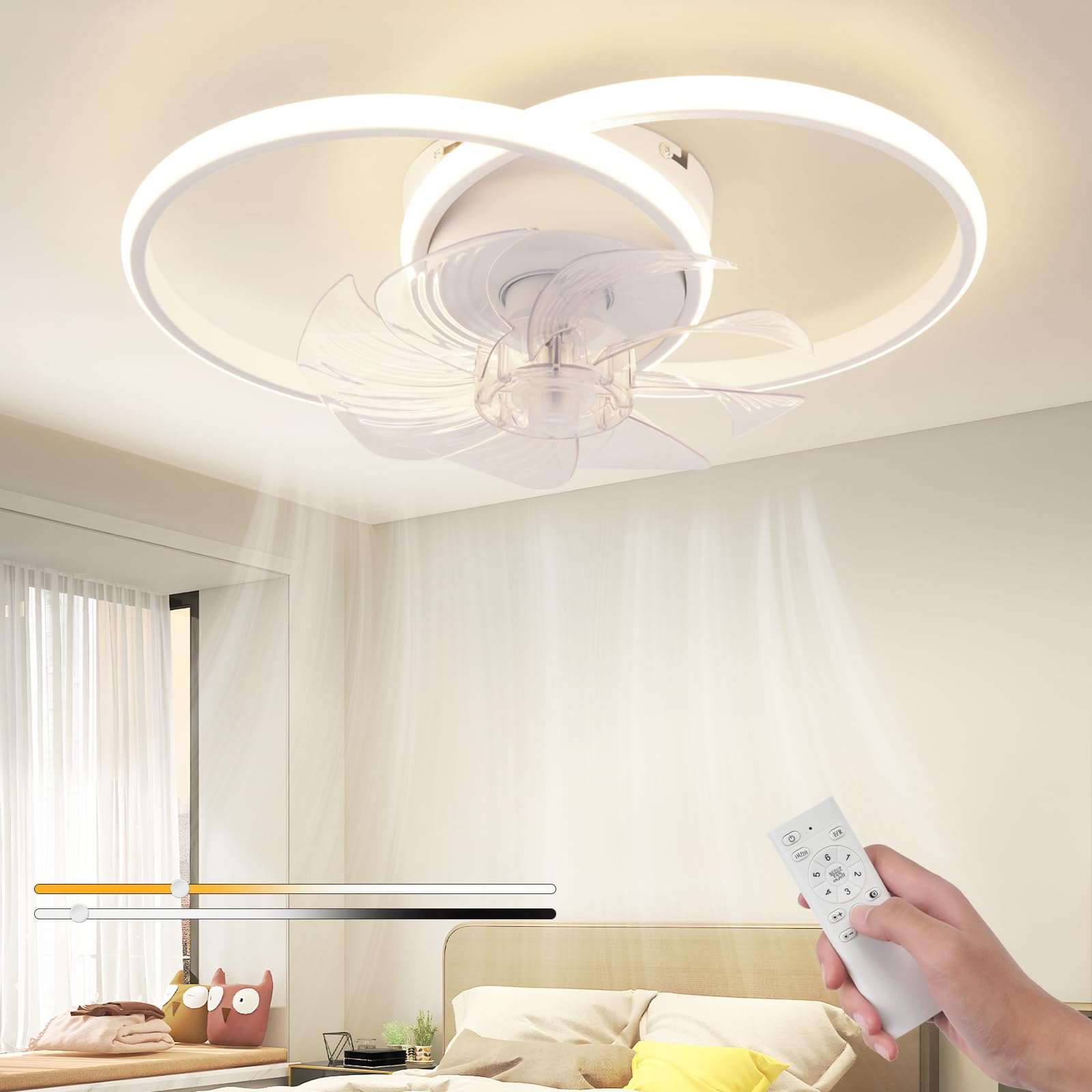 Homefire Wentylator sufitowy LED z oświetleniem – nowoczesny cichy wentylator sufitowy o mocy 36W z pilotem 3 temperaturami barwowymi i 6 prędkościami wentylacyjna do jadalni i pokoju dziecięcego