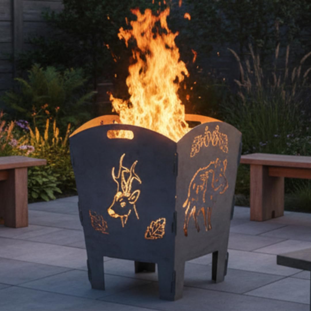 Terma Stahldesign Feuerkorb Jäger Wildschwein Rehbock 70 cm Feuertonne massiv Stahl Feuerstelle Garten Terrasse zerlegbar optional Feuerplatte Handmade Germany