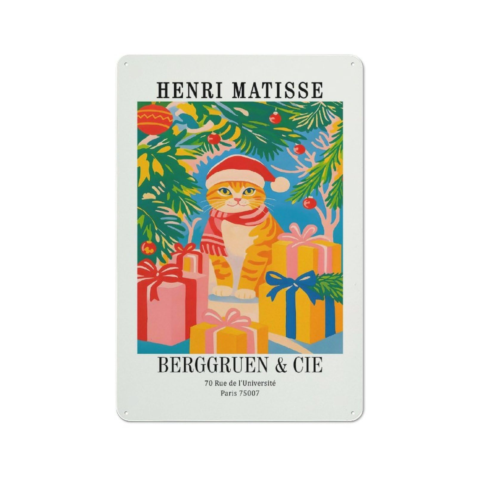 Junmoney Style-20 Henri Matisse Christmas Cat Art Print Classic Metal Wall Decor 30X20cm, Office Metal Sign For Workspace, Cafe, Shop Or Desk Area