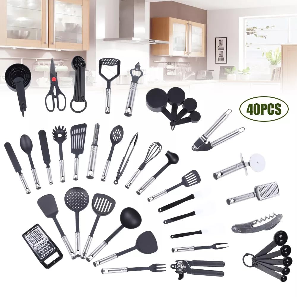 Set di utensili da cucina in acciaio inox, 40 pezzi, set di utensili da cucina Esign con fori di sospensione. Set da cucina facile da pulire, per cucine di famiglia, ristoranti, hotel, mense e molto