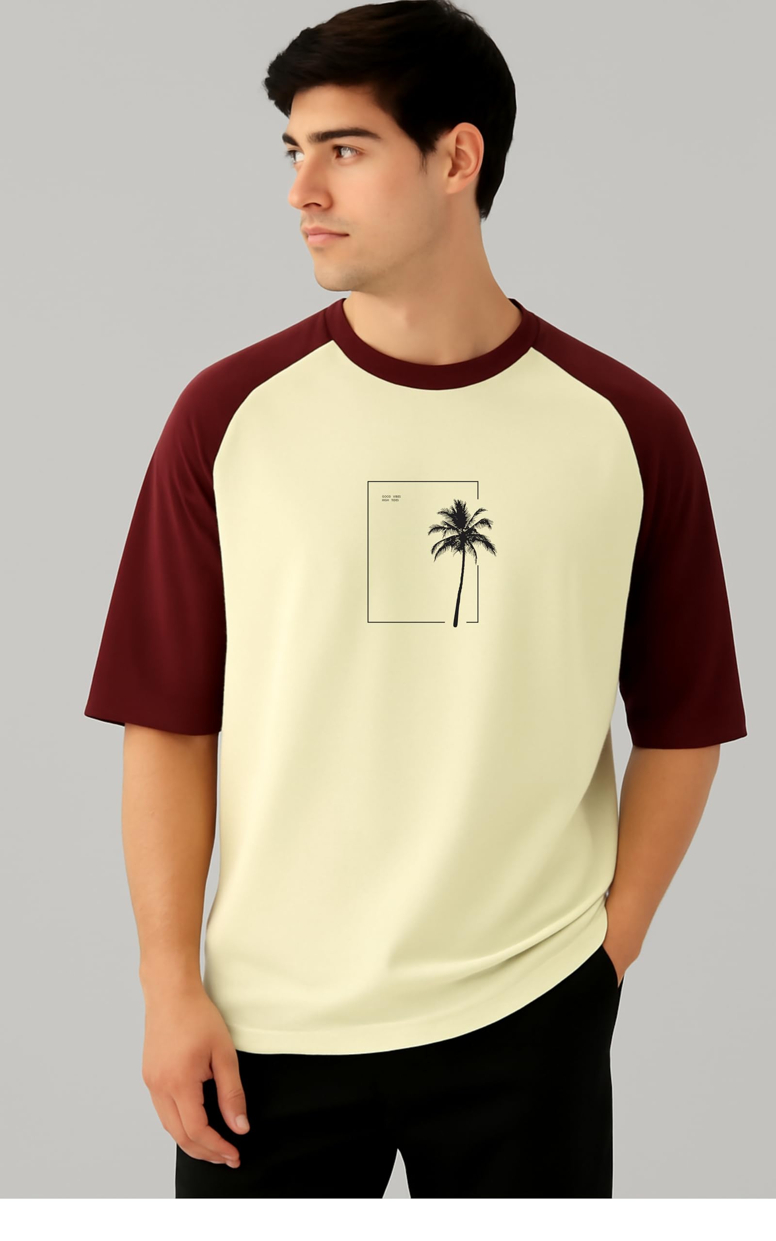 Mens Contrast Raglan Sleeve Casual Printed Round Neck Cotton Blend T-Shirt