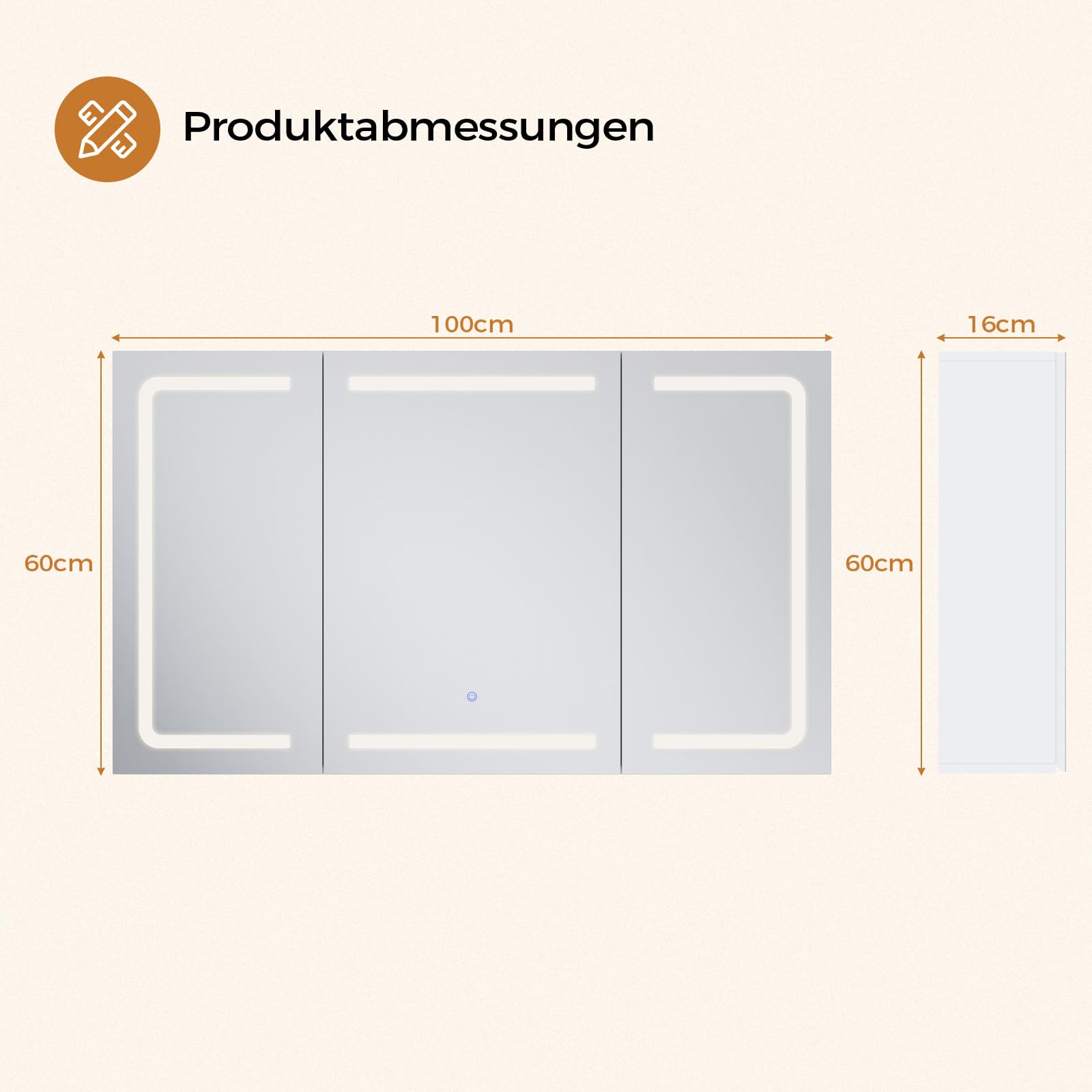 Spiegelschrank Bad 100 cm breit mit LED-Beleuchtung, Steckdose & 3 Farbtemperaturen | Dimmbarer Badezimmerschrank mit Touch-Sensor 60×100×16 cm (H×B×T) | Spiegel +3 verstellbaren Regalen
