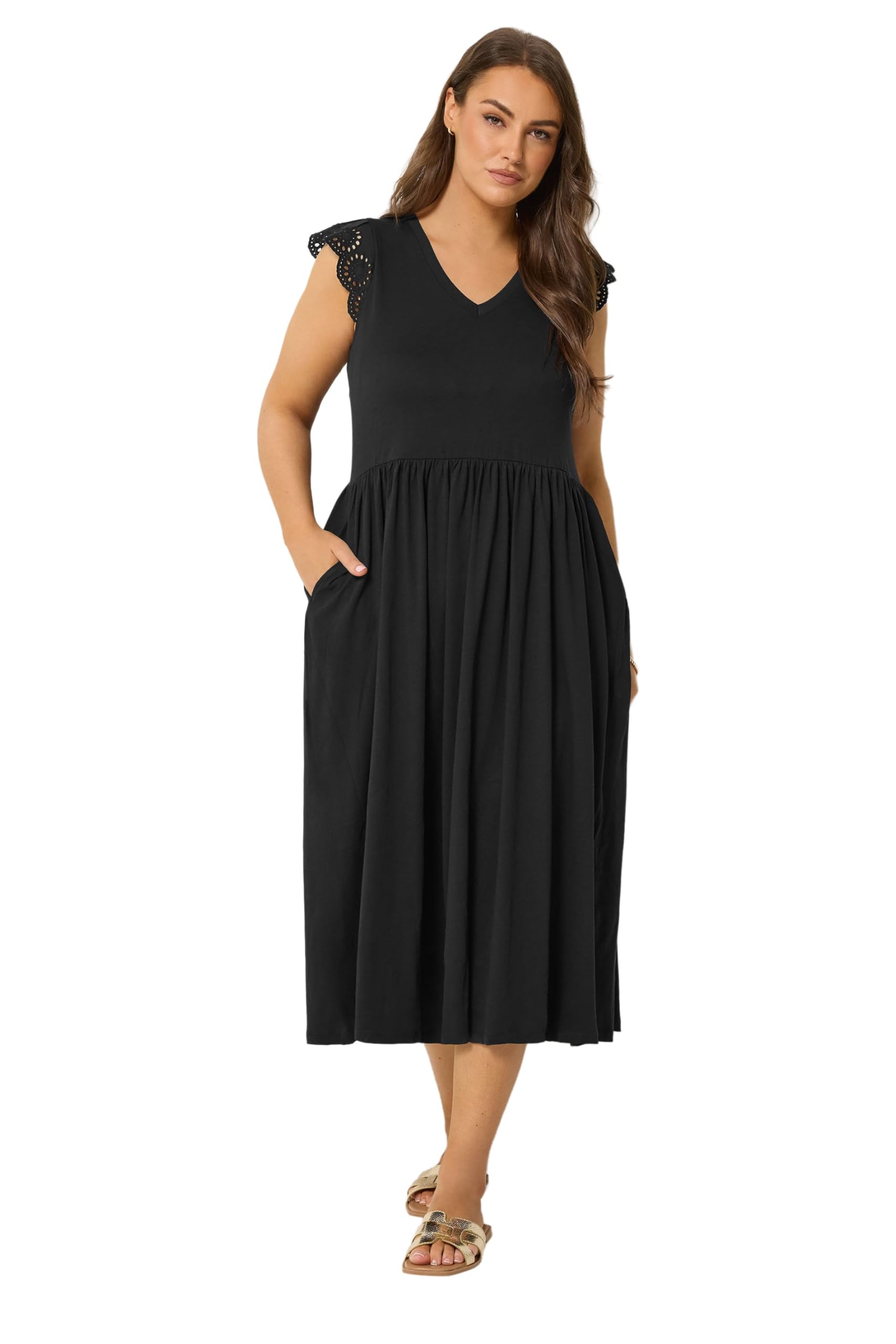Yours Women's Black Broderie Sleeve Maxi Dress In | : Size 20