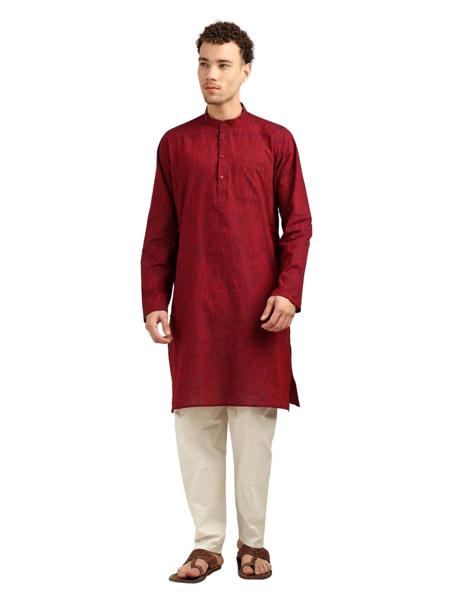Men’s 100% Cotton Kurta Pajama Set | Solid Long Kurta with White Pajama Pants | Indian Traditional Ethnic Outfit for Wedding, Party & Festival, Wine, Large