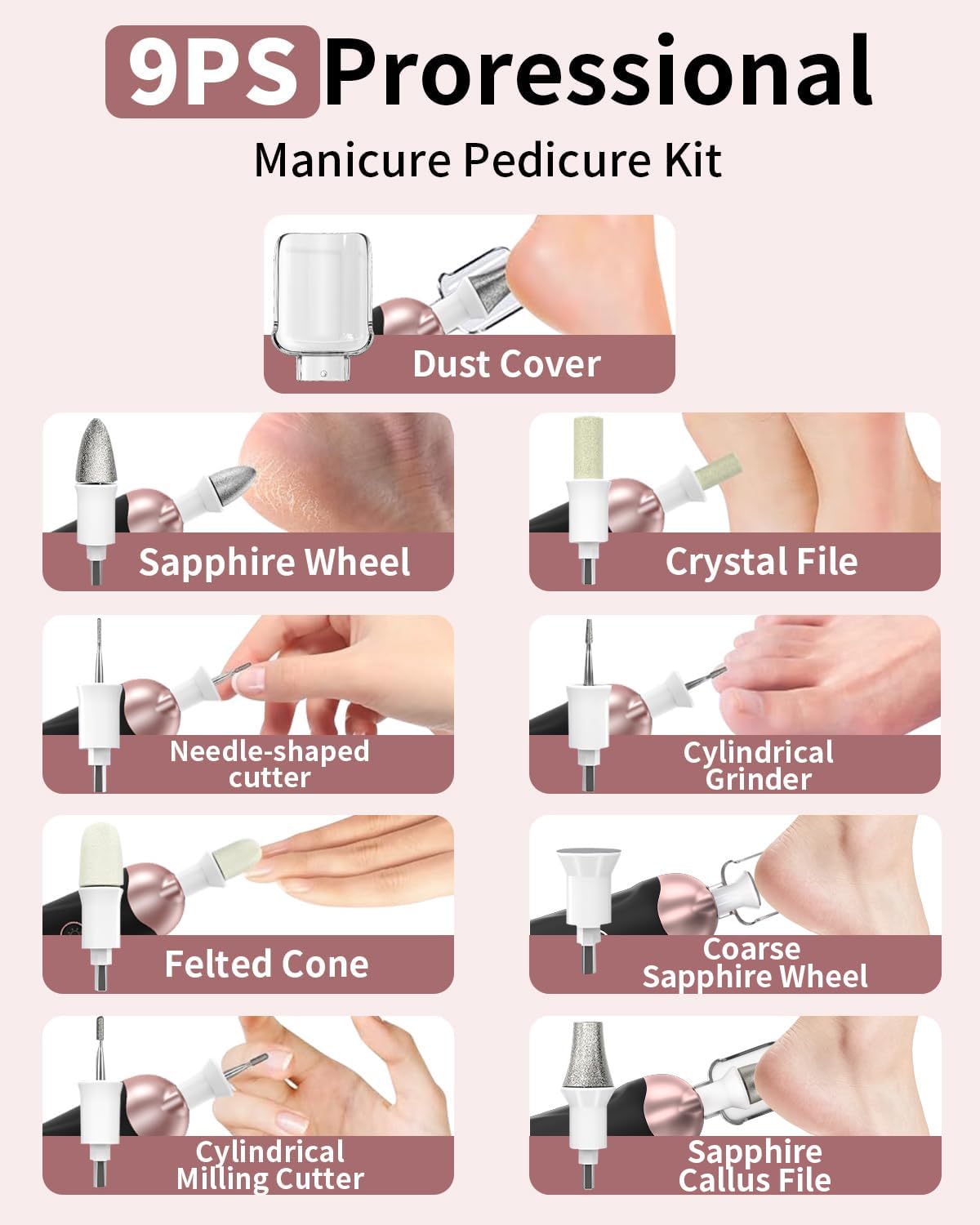 Professionelle Maniküre Pediküre Grinder Kit, 8 in 1 Fuß Nagelschleifer Elektrische Nagelfeile Set, 5 Geschwindigkeit Nagelbohrer für Dicke Nagel Zehennagel Nagelhaut, LED Handschneider Puffer für