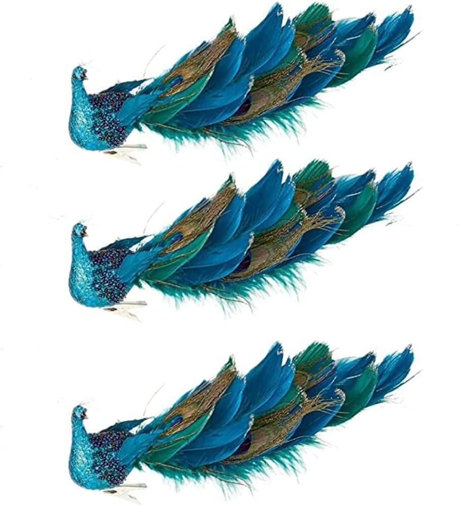 Blue Peacock Decorative, 12" Glittered Bird Clip-On Tree Ornament for Party and Christmas Decorations(3 Pack)