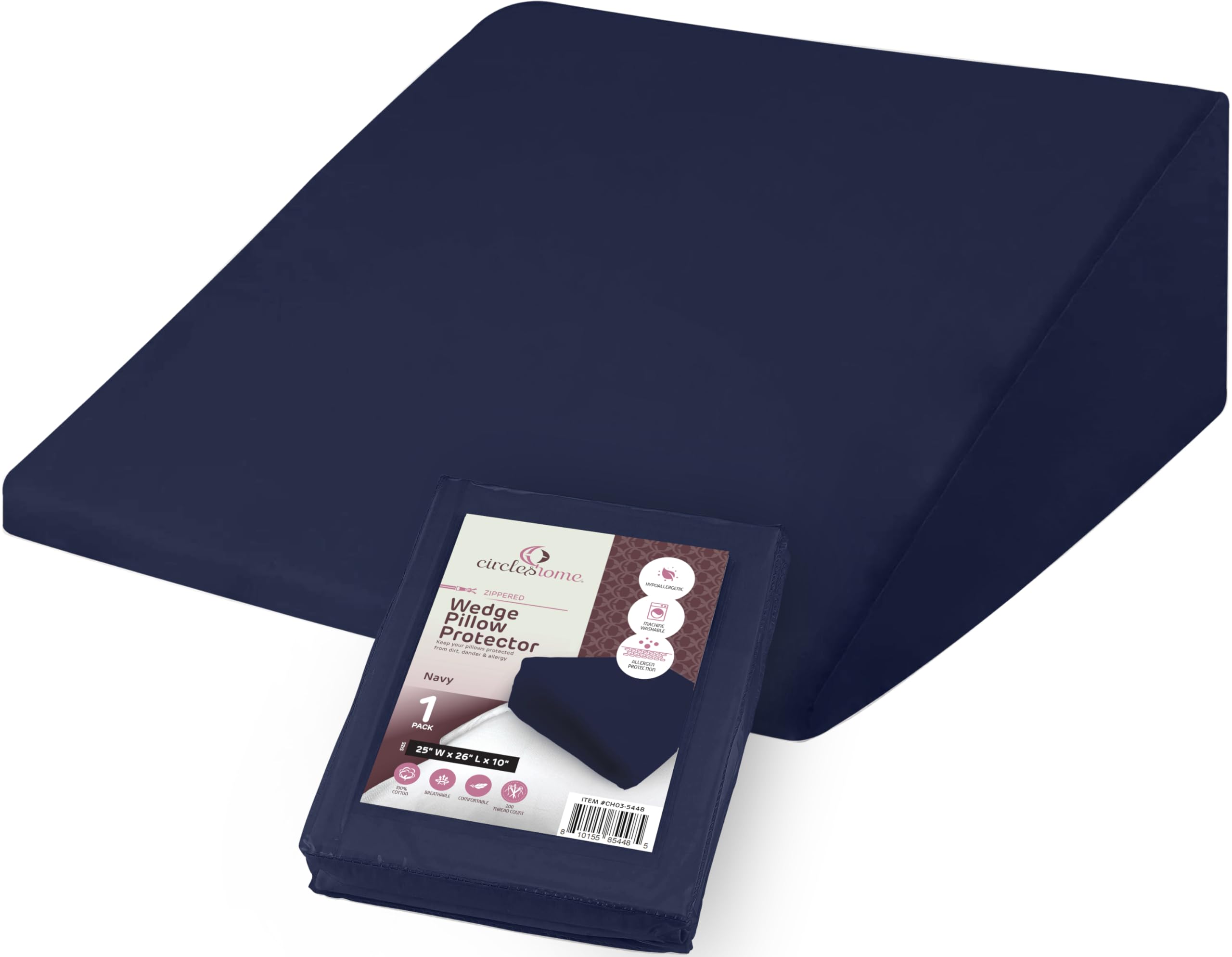 CirclesHome Wedge Pillow Cover 100% Cotton, Zippered Wedge Pillow Case Protector, Soft, Hypoallergenic & Breathable -, Navy, (25Wx26Lx10)