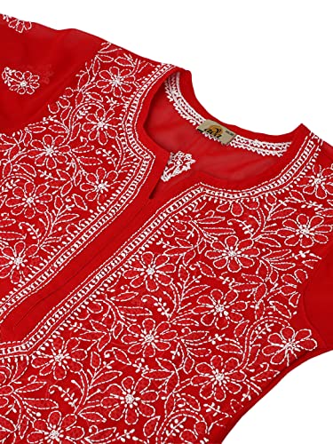 Image of Ada Lucknow Chikankari Hand Embroidered Faux Georgette Kurta Kurti Tunic Dress for Women A95504
