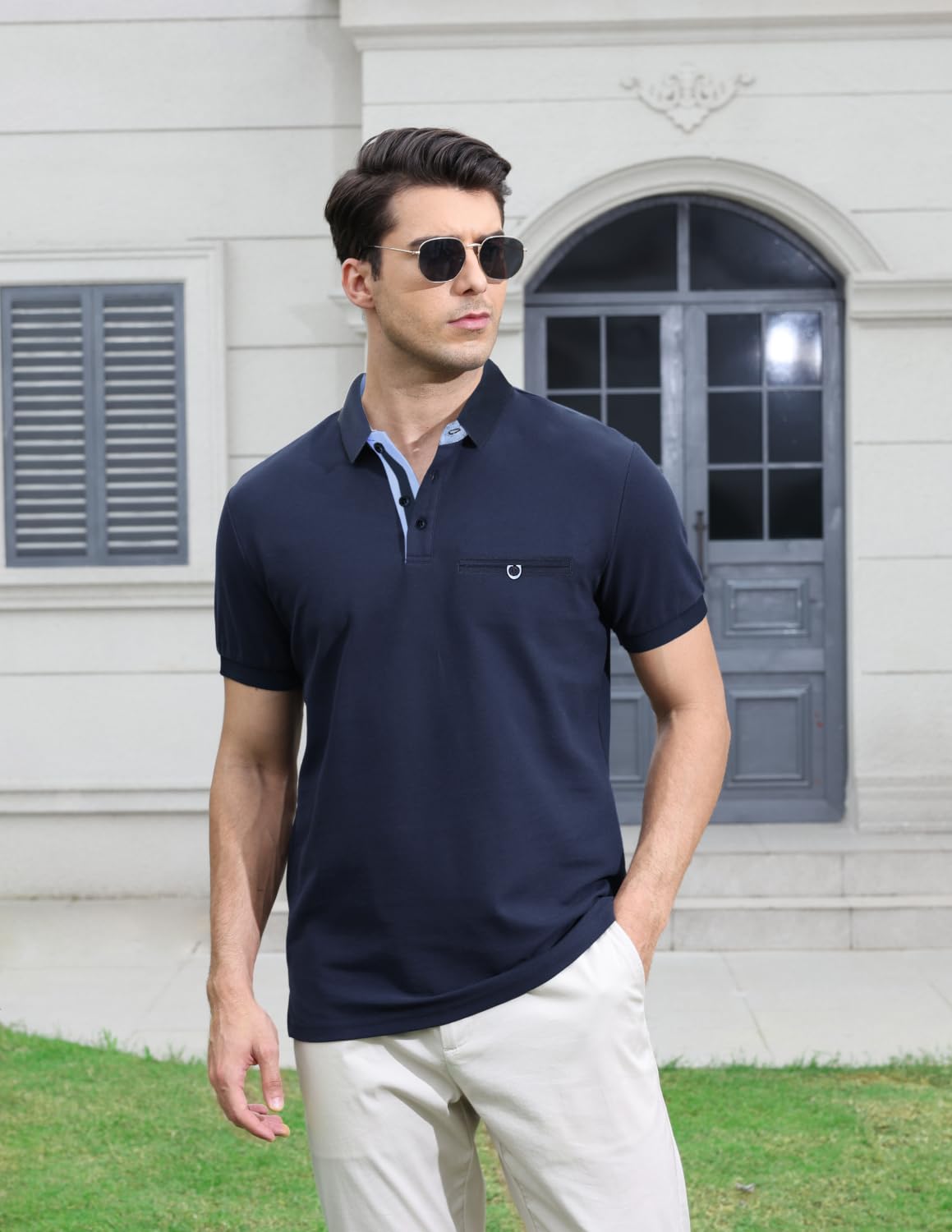 LIUPMWE Mens Polo Shirts Classic Basic Short Sleeve Shirt Cotton Collared T Shirt Golf Shirts Stylish Tops L