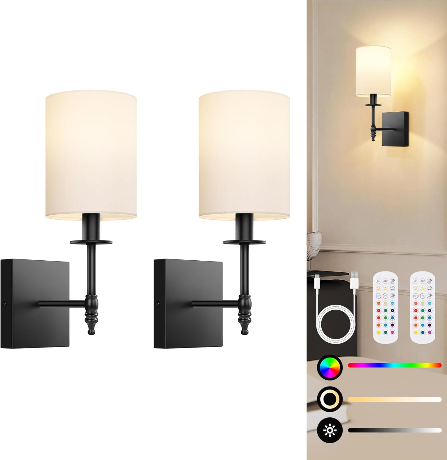 14.5 Inch Black Battery Operated Wall Sconces Set of 2, Rechargeable Wireless Wall Lights with Remote & White Fabric Shade, Indoor Not Hardwired Dimmable Wall Lamps for Bedroom, 2 Bulbs Included 14.5 inch Black and White