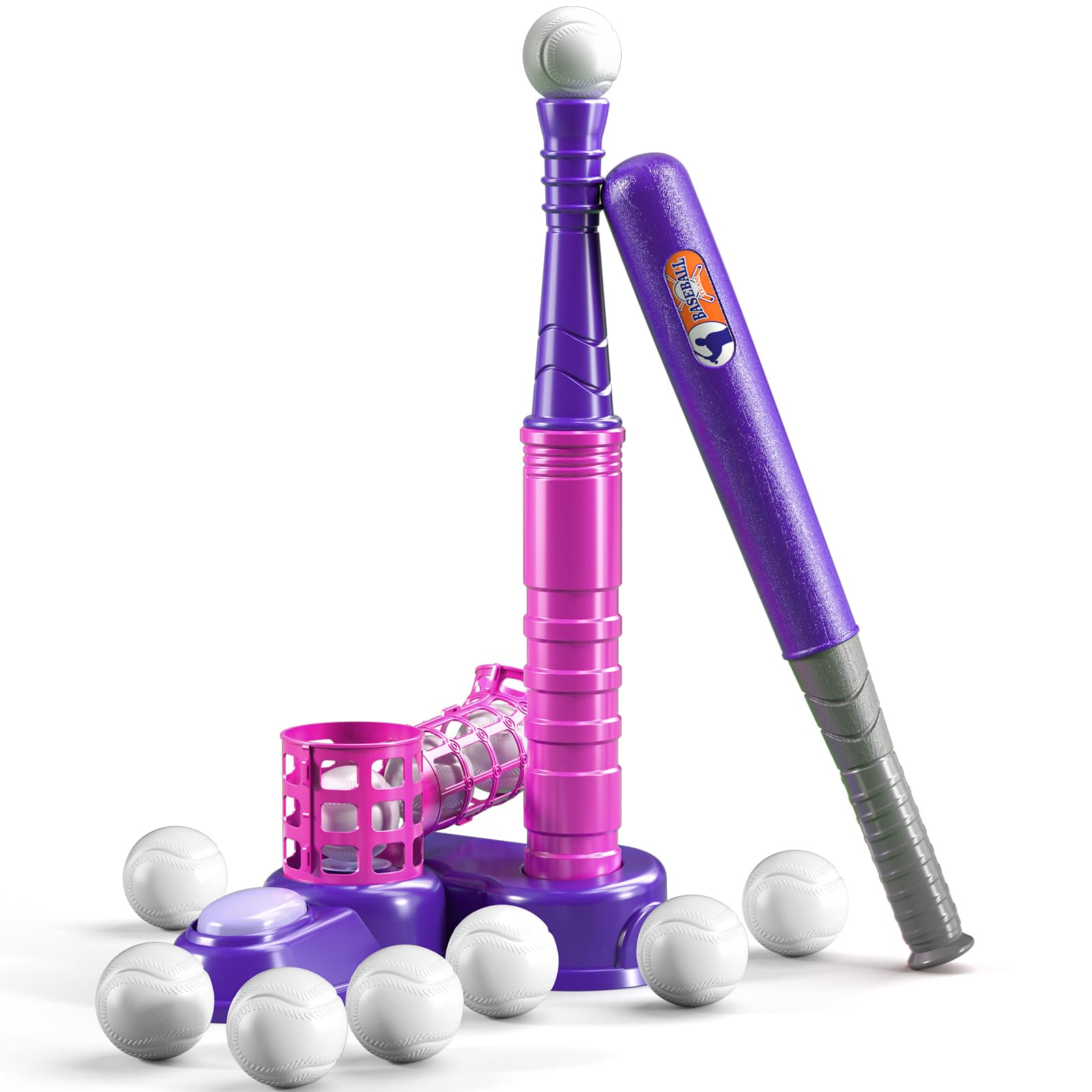 TEMI 2 in 1 Tee Ball Set for Kids 3-8, Kids Baseball T-Ball Set with 10 Balls, Step on Pitching Machine, Batting Tee, Outdoor Sport Toy Games for 3-12