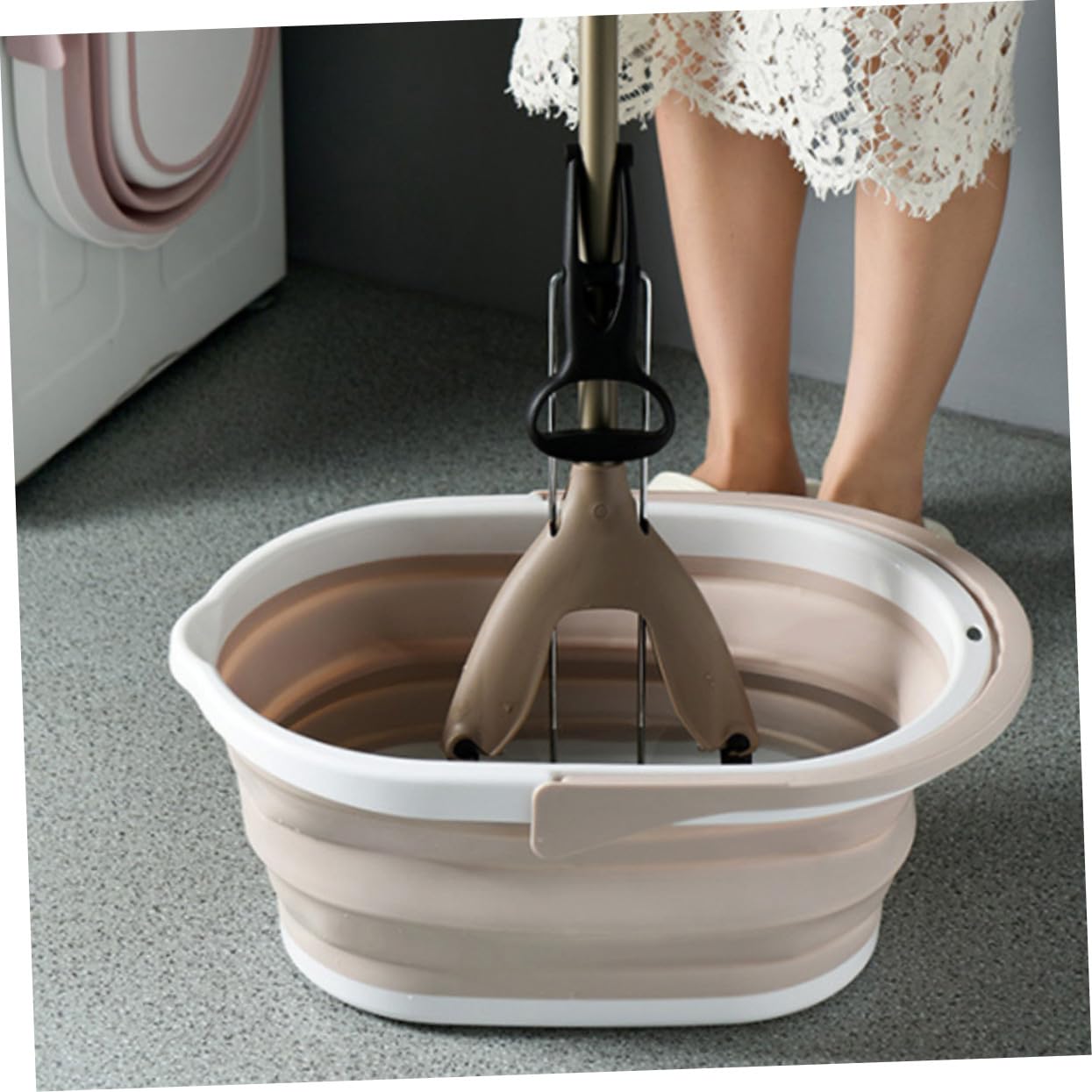 Secchio Pieghevole per Straccio in Plastica Pp Beige, Portatile | Piastrelle e Parquet, Secchio Lavabile a Uso Aziendale, Accessorio per Pulizia Pavimenti