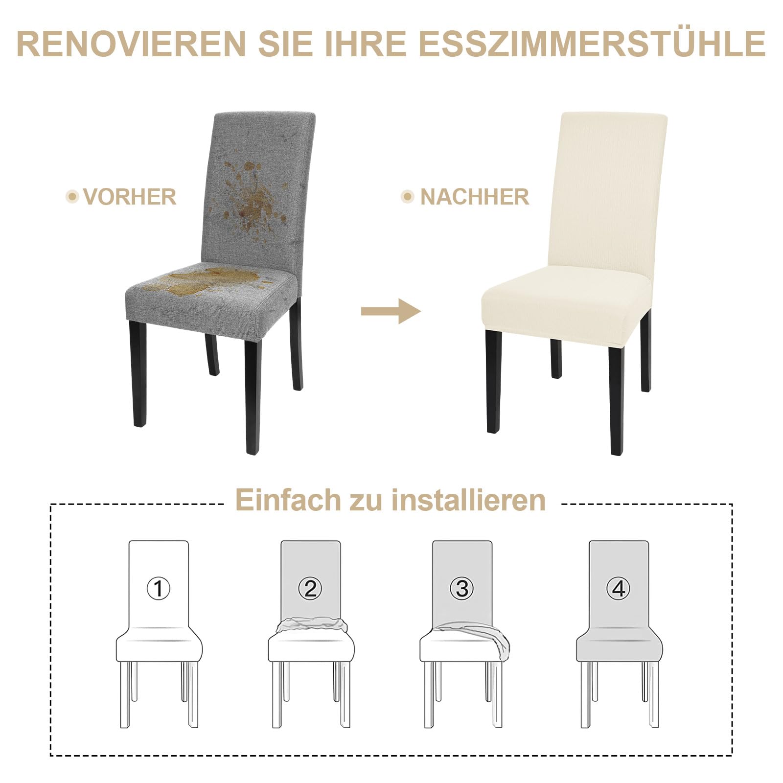 Alishomtll Stuhlhussen 4er Set Stretch Stuhlbezug für Schwingstühle Universal Esszimmerstühle Bezug Waschbar Abnehmbar Stühle Schutz für Küche Bankett Hochzeit Hotel Restaurant (Beige, 4pcs)