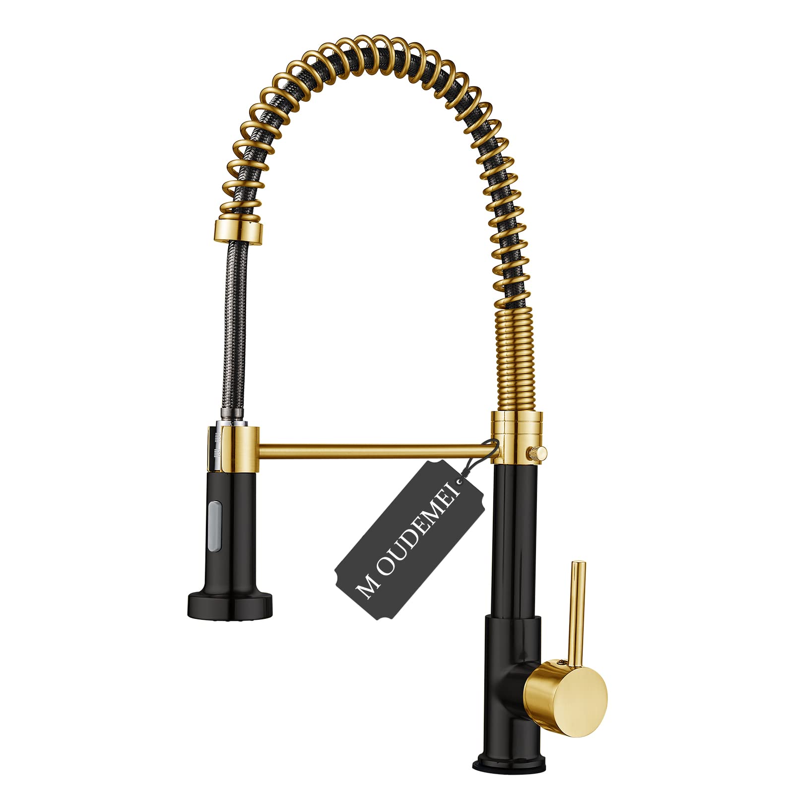 Commercial Pull Down Kitchen Sink Faucet with Dual Function Sprayer, Single Handle Spring Faucets with Deck Plate, High Arc Kitchen Faucet for 1 OR 3 Hole Easy Installation (Gold & Black)
