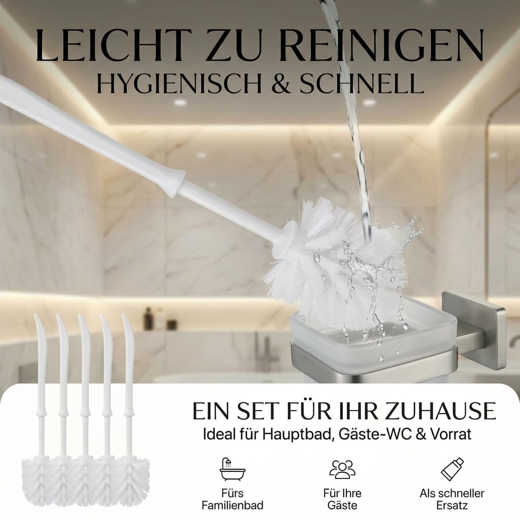 SHD – praktisches Toilettenbürstenset mit langem Griff ohne Halterung für eine gründliche WC-Reinigung – 5er Set Klobürsten in weiß mit pflegeleichtem Kunststoffkörper und robusten Borsten