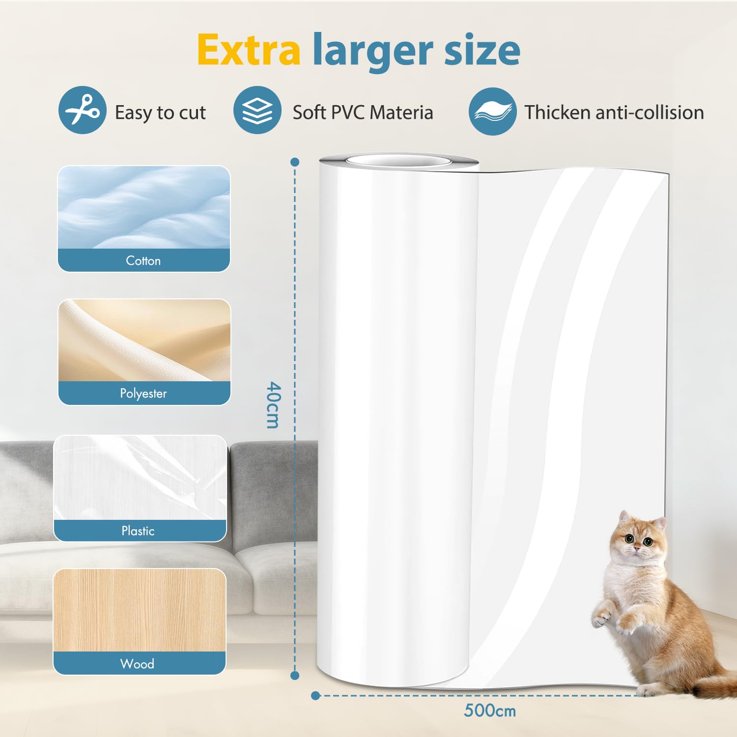 Protezione divano graffi gatto, 40X500CM antigraffio gatto divano per gatt, proteggi divano gatti graffi per Mobili per Divani, PVC Anti-Graffio Protector, Protezione per Divano Porta e mobilie