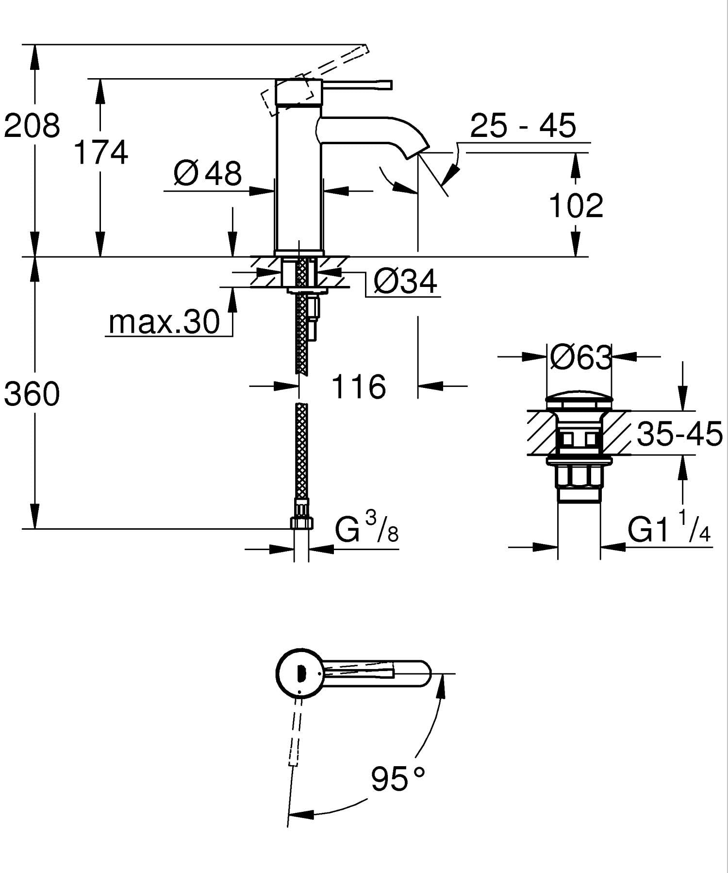 GROHE Essence – Grifo Monomando de Lavabo con Vaciado Push-Open (Tamaño S 208 mm, Palanca Metálica, Cartucho Cerámico 28 mm, Ahorro de Agua y Energía, Flexibles 3/8"), Negro Mate, 237972431