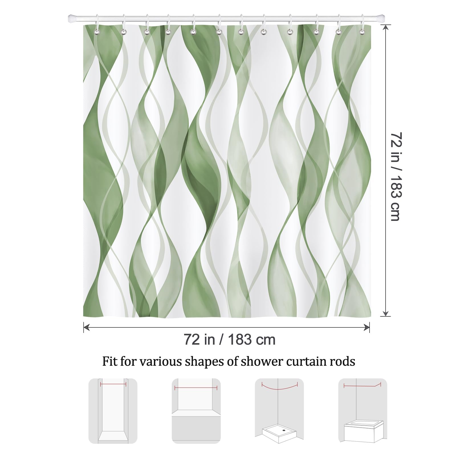 Rideau de Douche à Rayures Vert Sauge, Rideau de Salle de Bain Moderne et Minimaliste en Polyester imperméable avec 12 Crochets, 240x200cm(LxH)