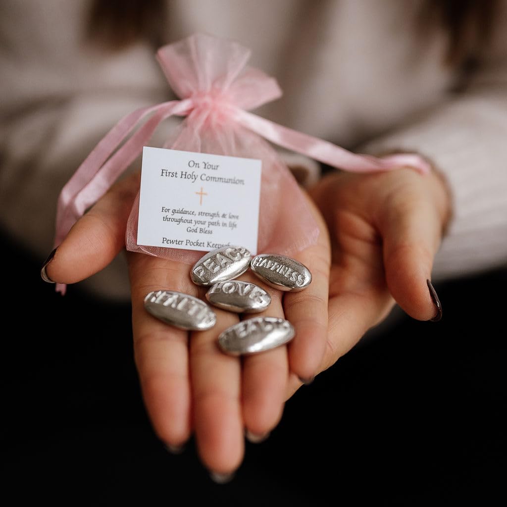 Holy Communion Gift Idea - 5 Pewter Message Pebbles in a Drawstring PINK Organza Pouch. The pewter pebble wordings are: Love, Health, Wealth, Happiness and Peace - Image 2